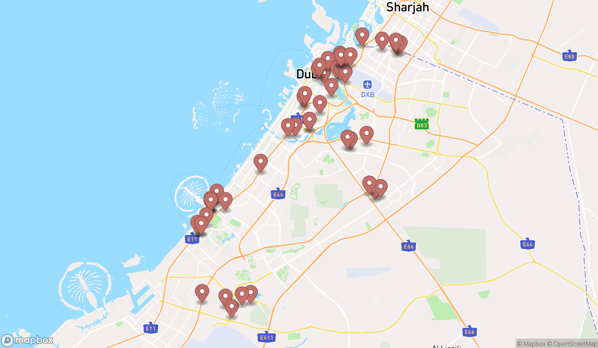 Map showing the search results in Dubai
