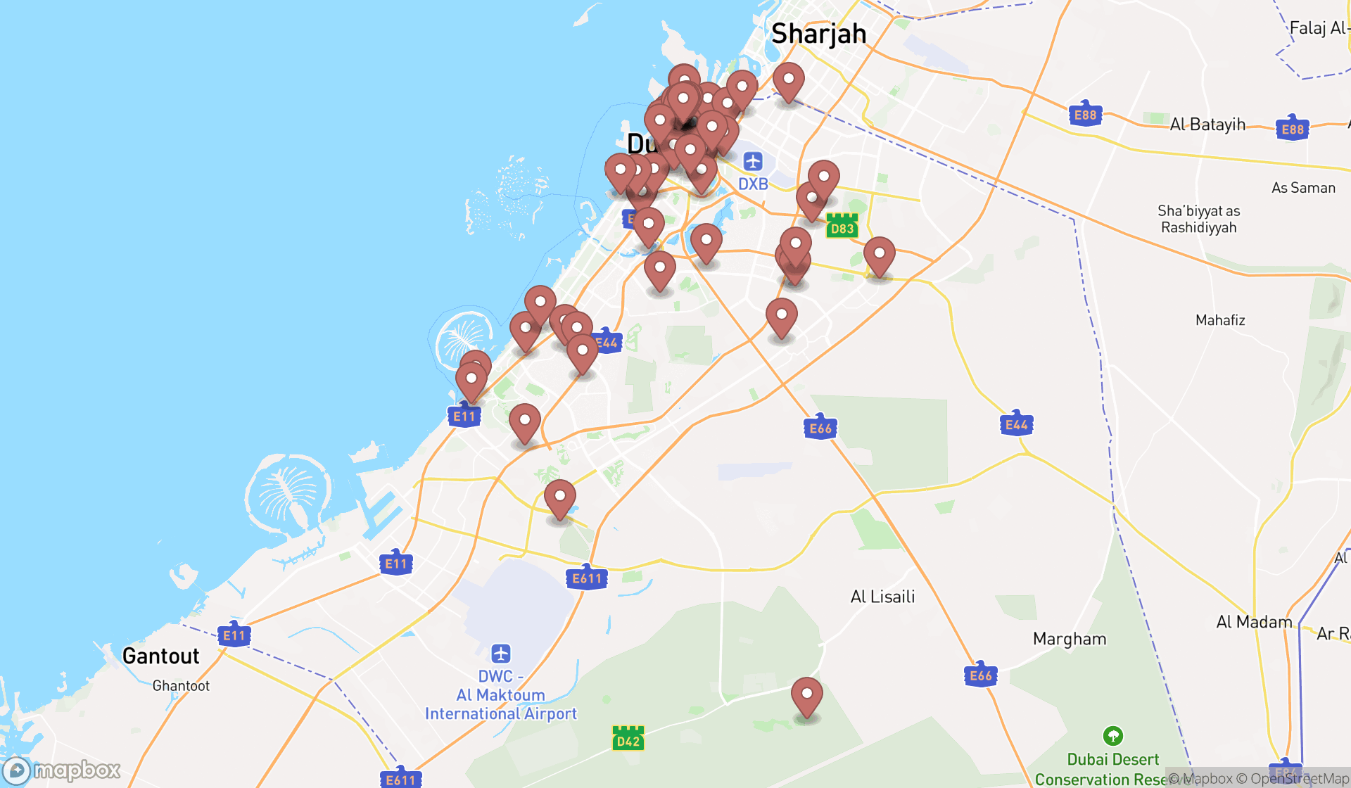 Map showing the search results in Dubai