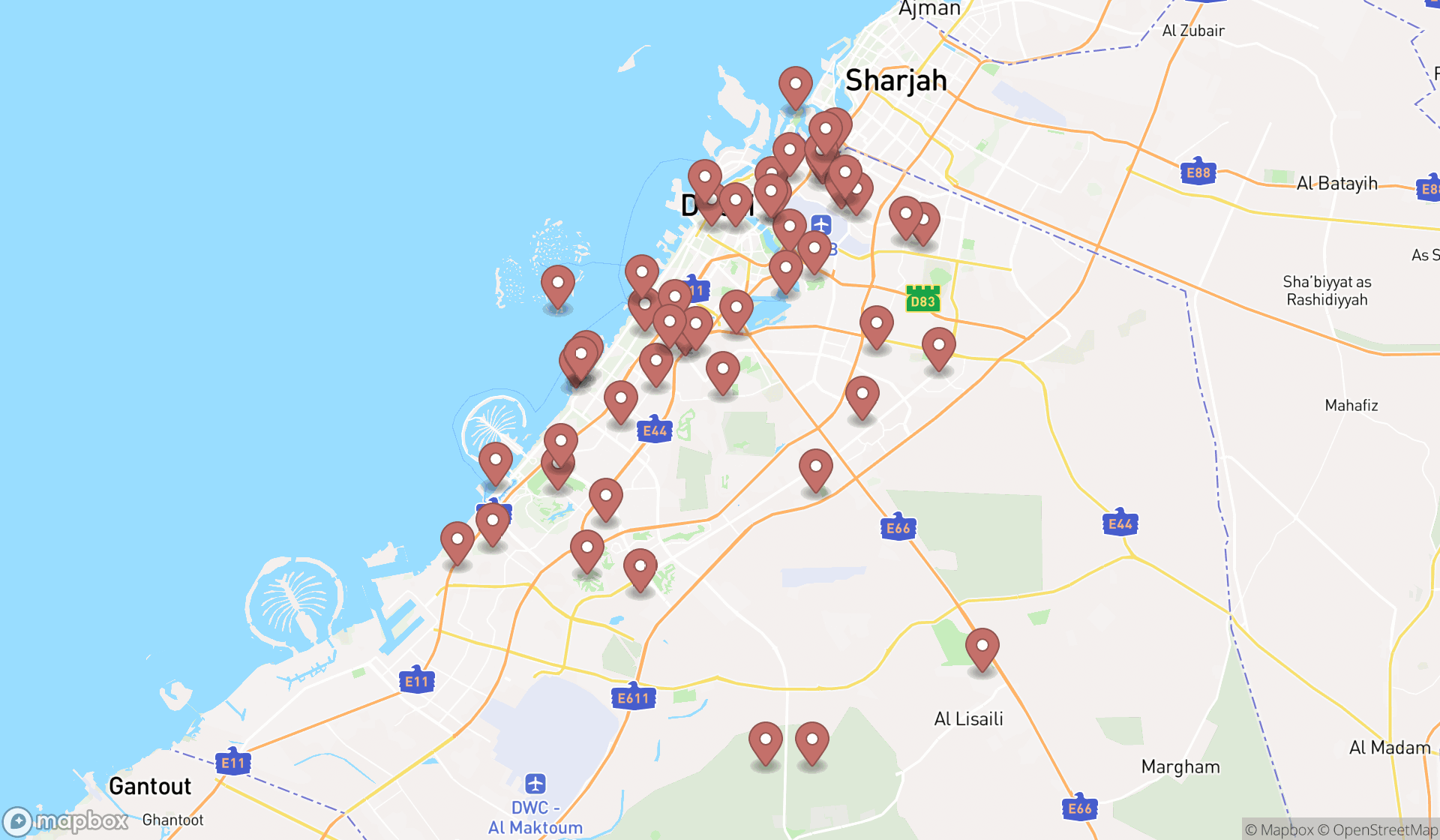 Map showing the search results in Dubai