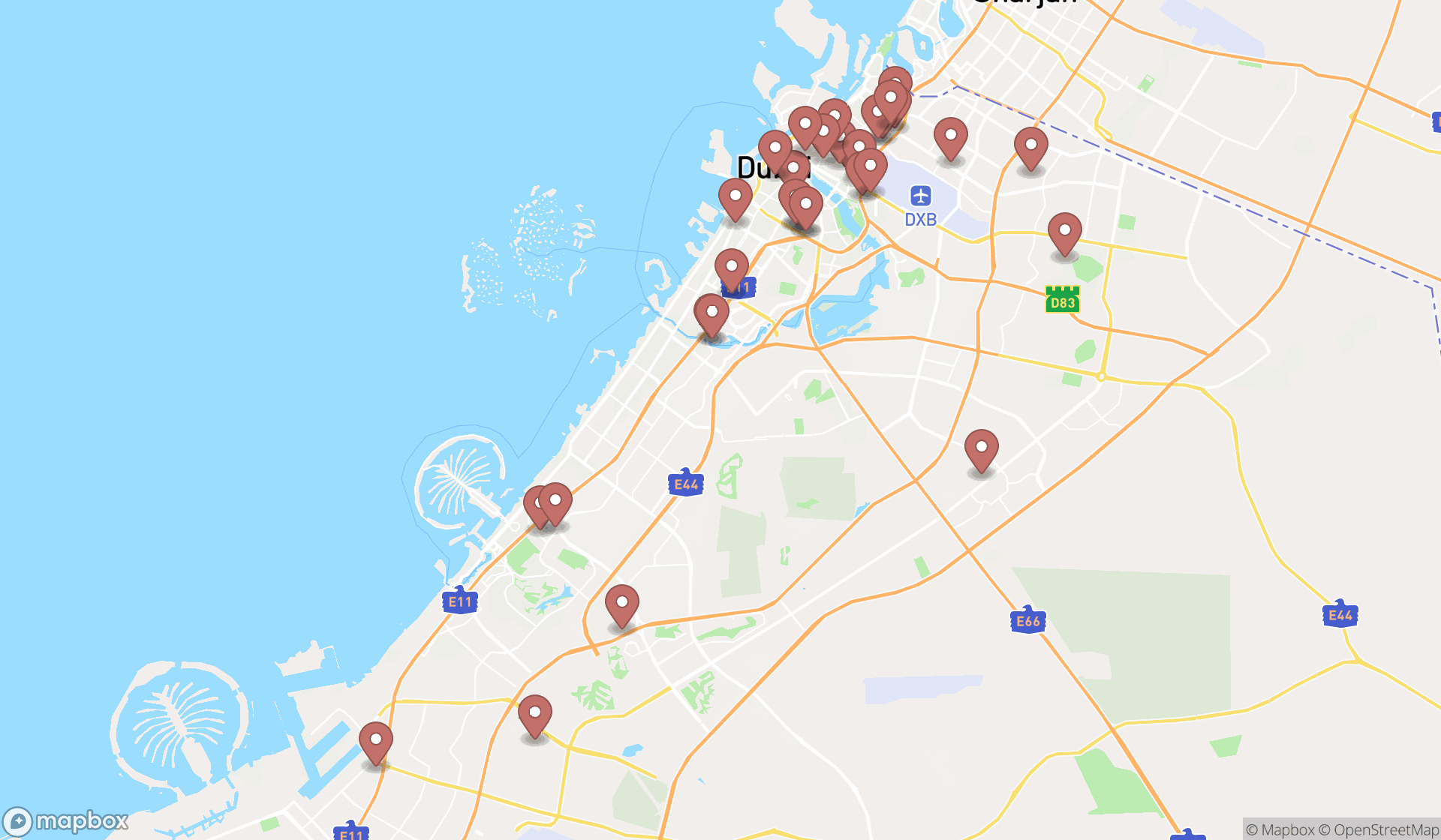 Map showing the search results in Dubai