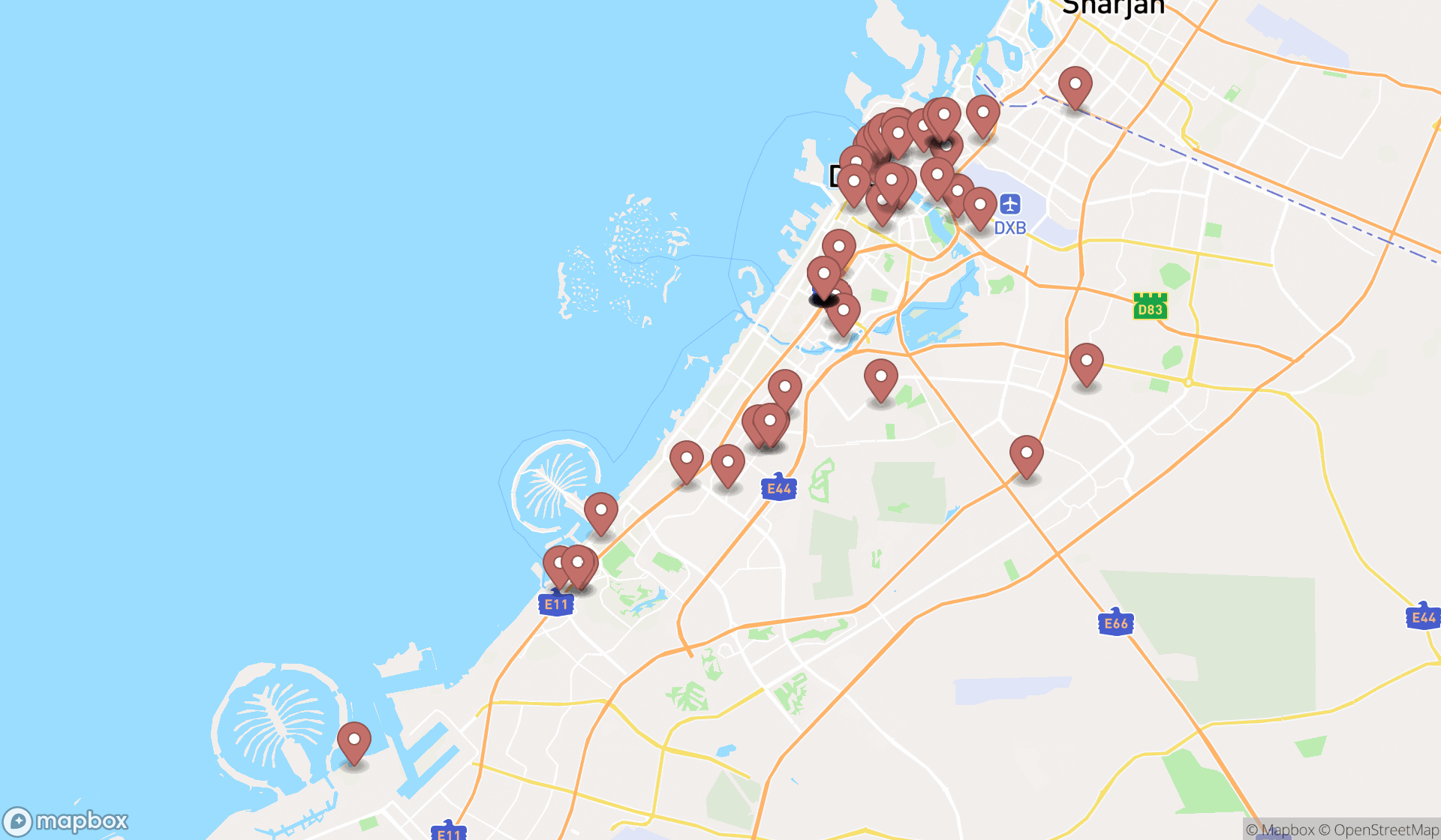 Map showing the search results in Dubai
