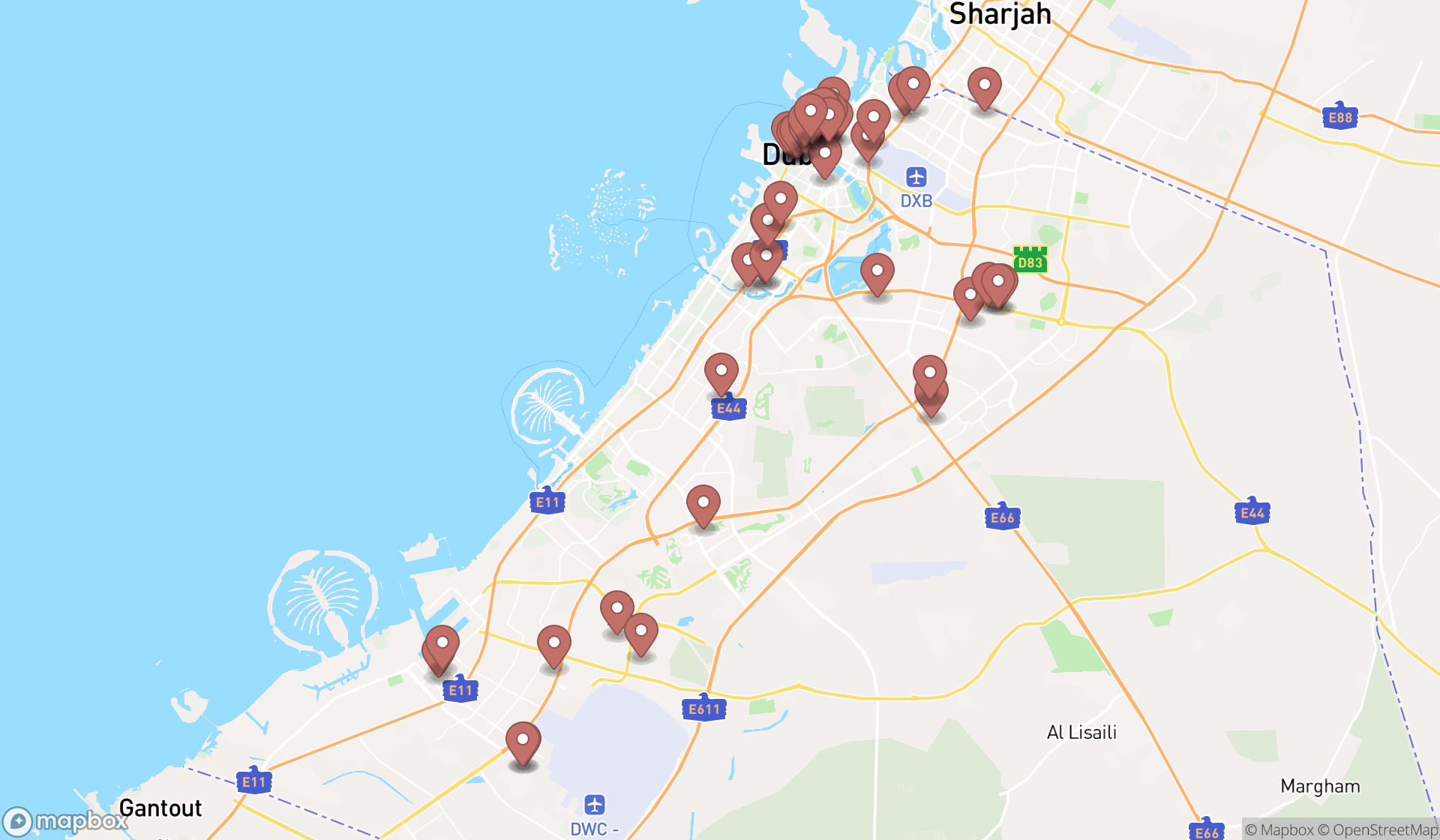 Map showing the search results in Dubai