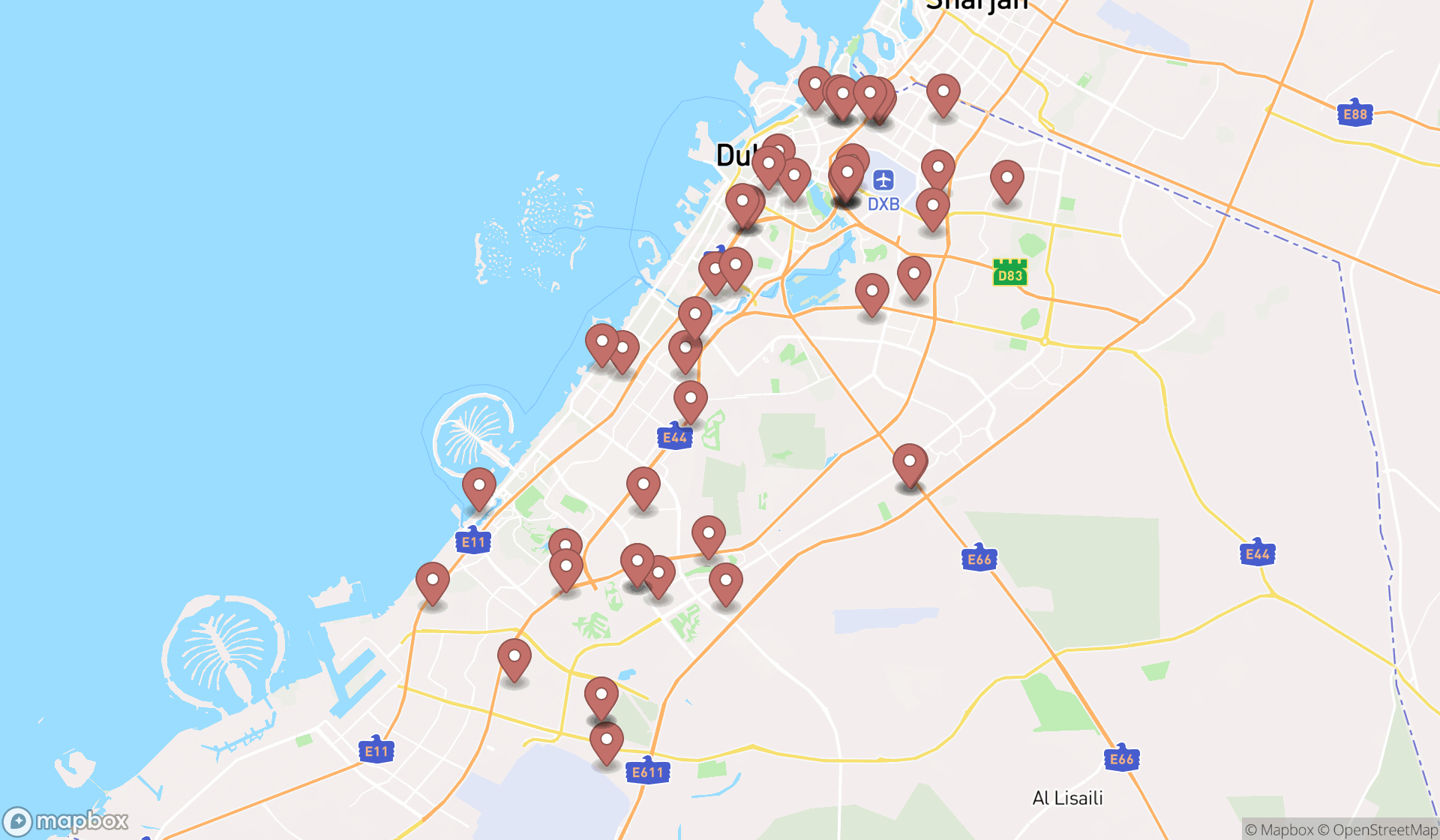 Map showing the search results in Dubai