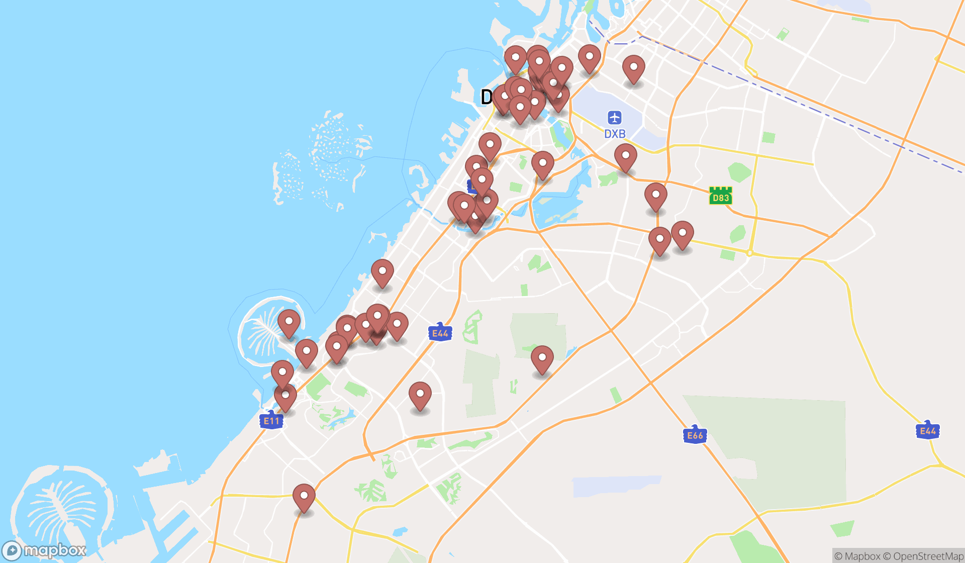 Map showing the search results in Dubai