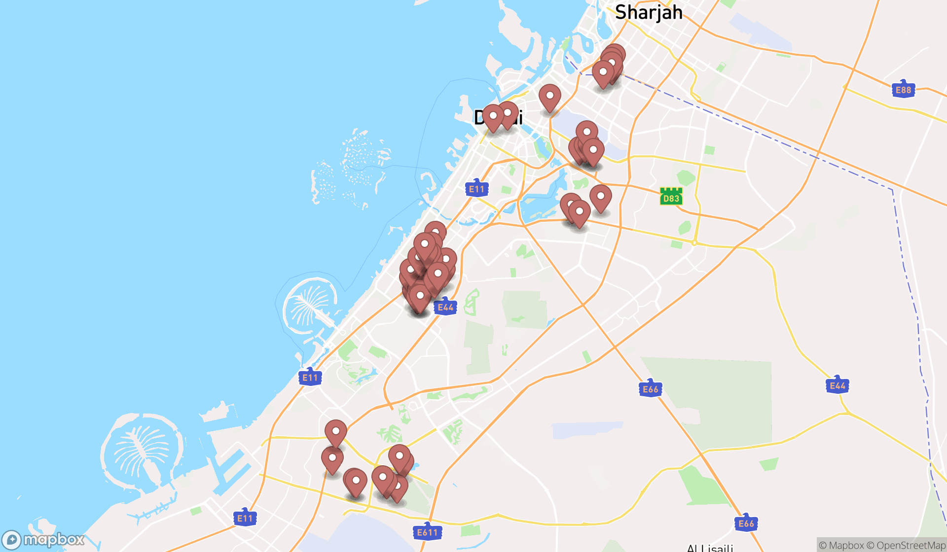 Map showing the search results in Dubai