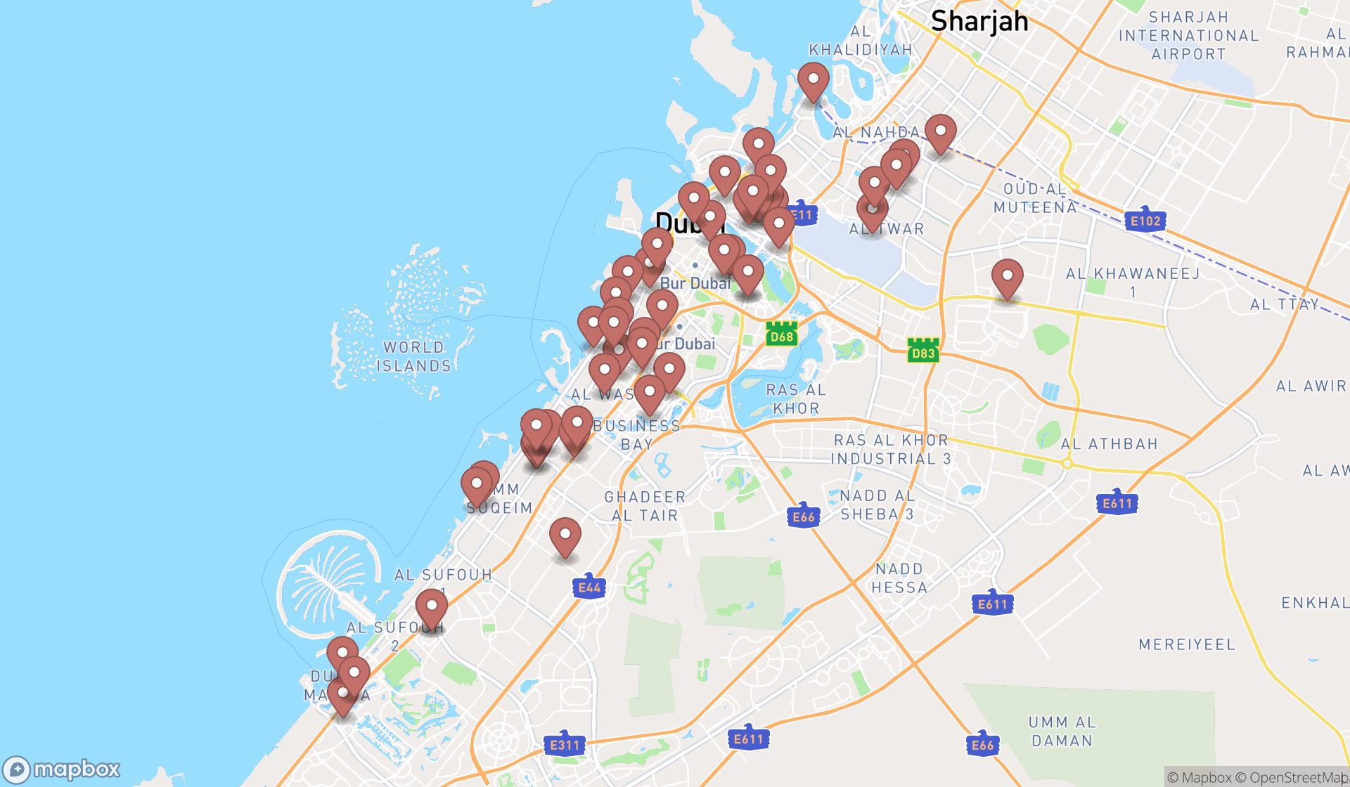Map showing the search results in Dubai