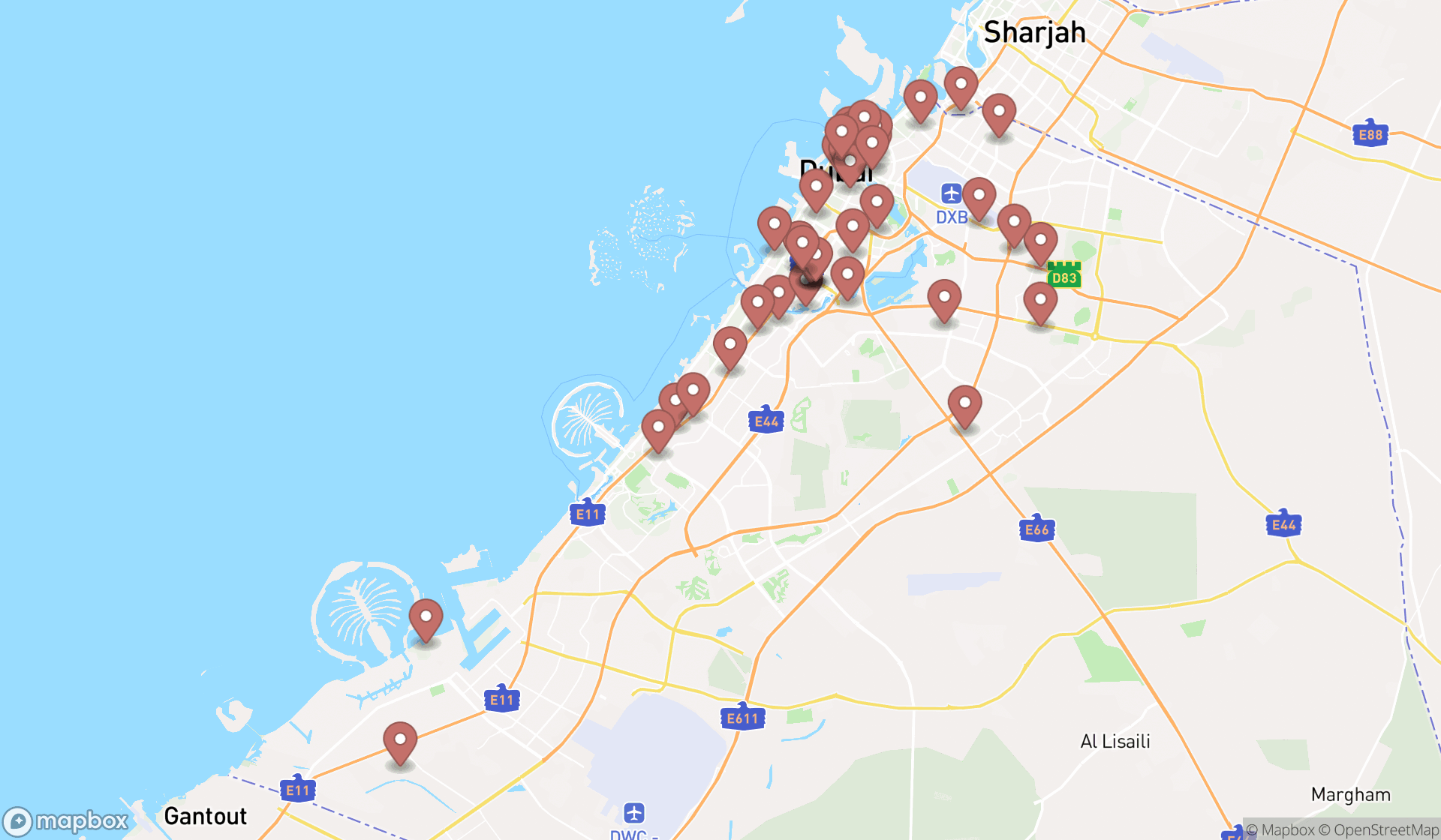 Map showing the search results in Dubai