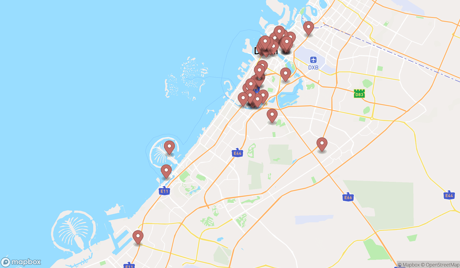 Map showing the search results in Dubai