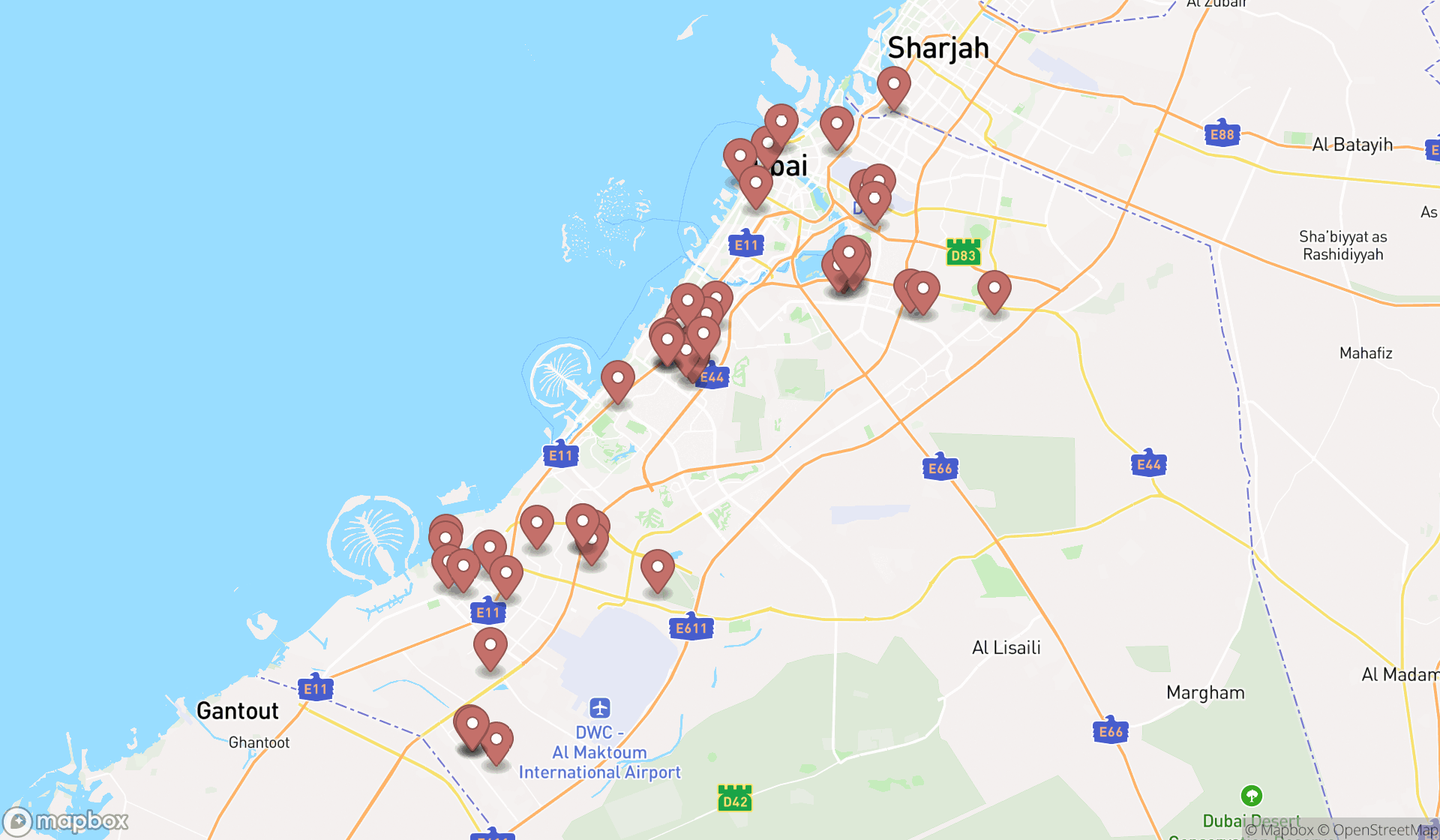 Map showing the search results in Dubai