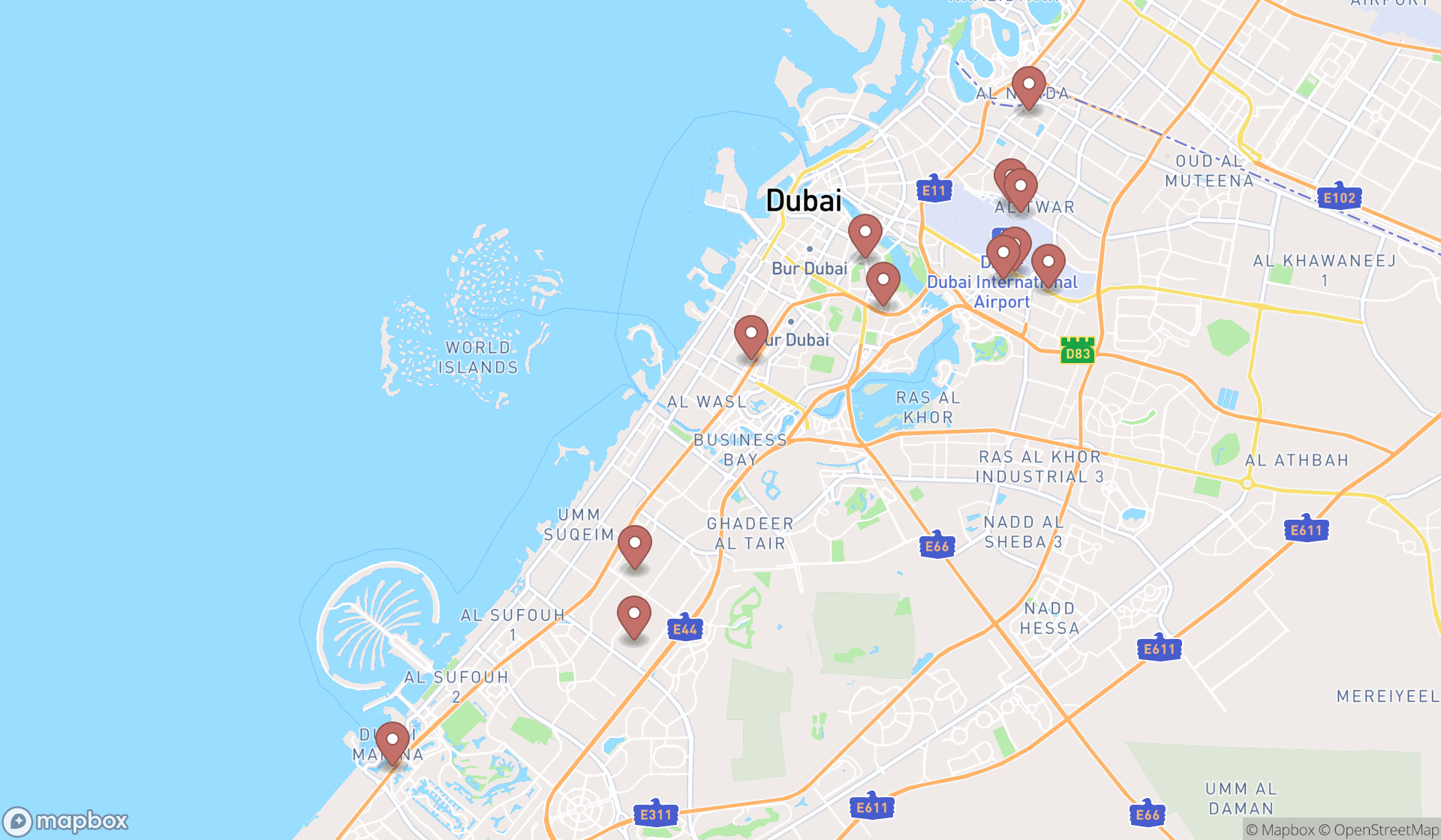Map showing the search results in Dubai