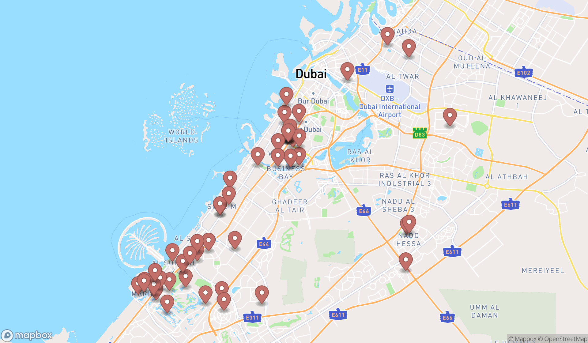 Map showing the search results in Dubai