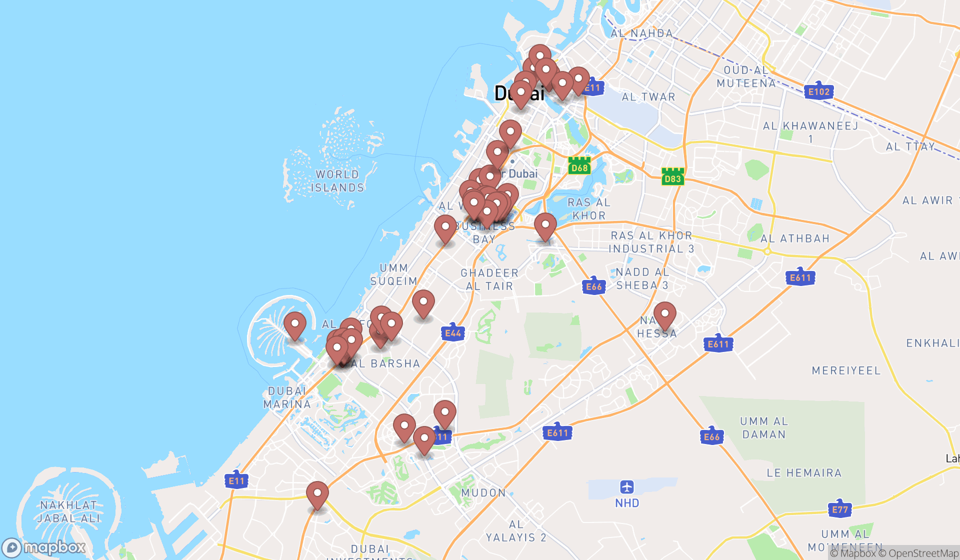 Map showing the search results in Dubai