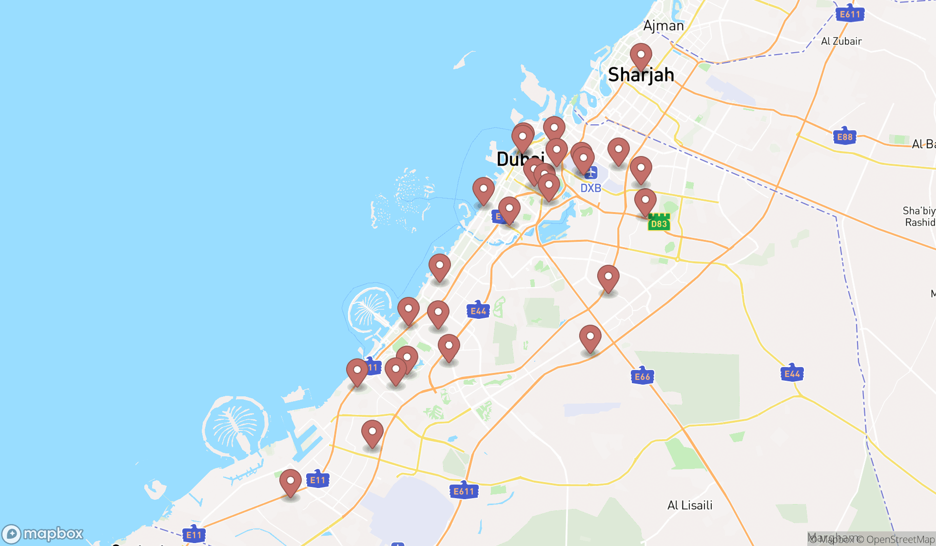 Map showing the search results in Dubai