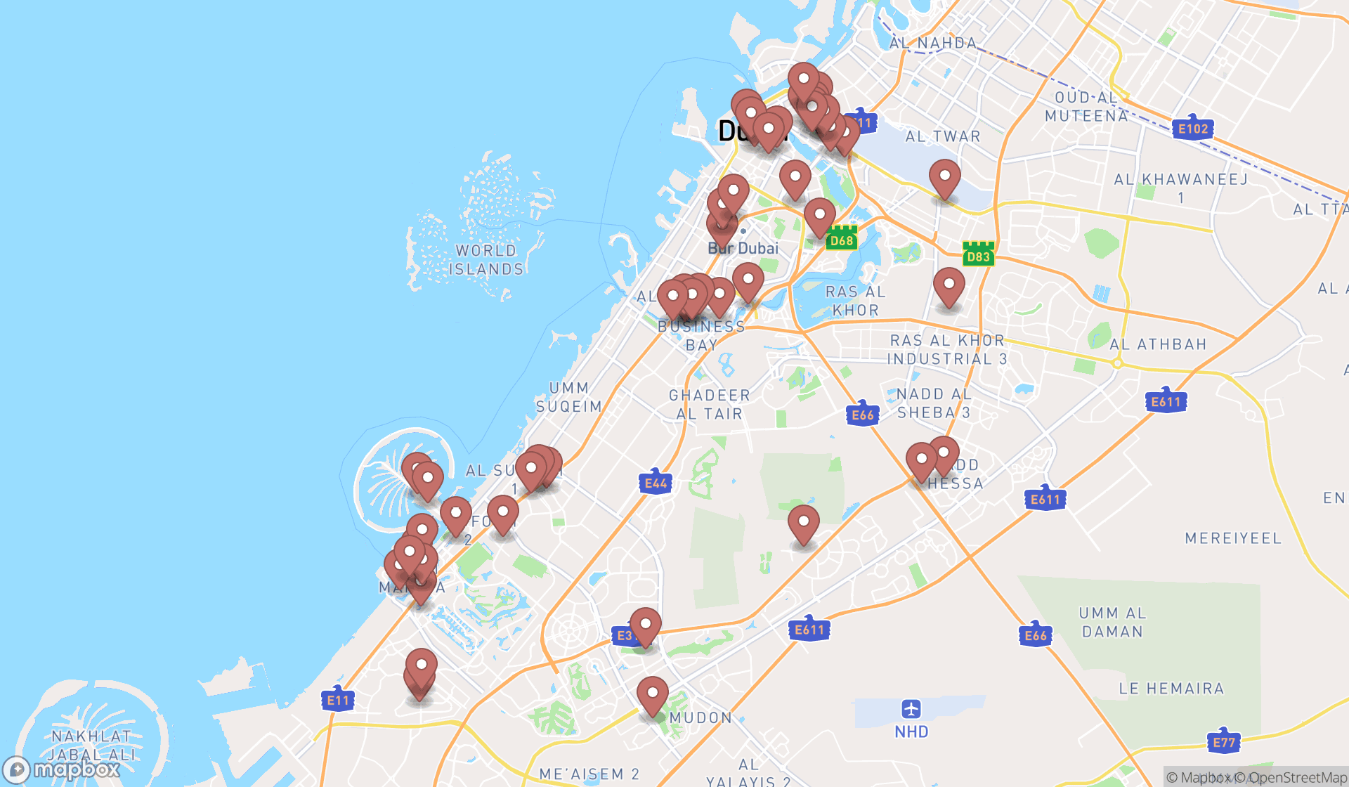 Map showing the search results in Dubai