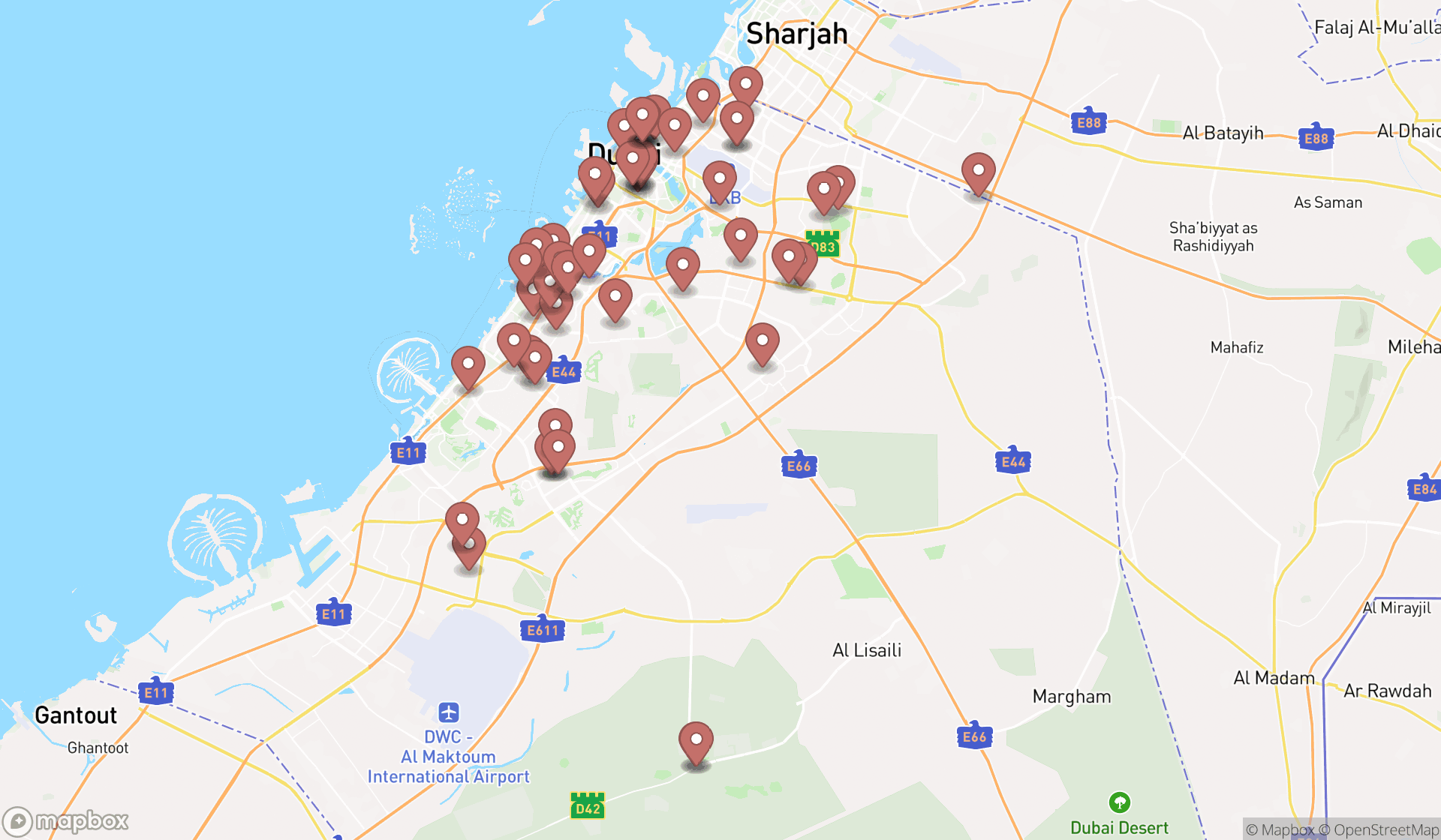 Map showing the search results in Dubai