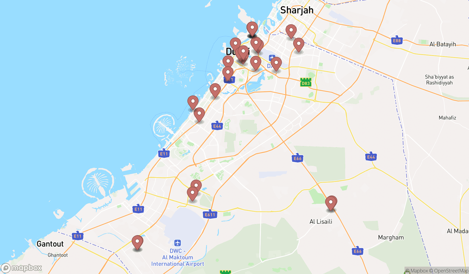 Map showing the search results in Dubai