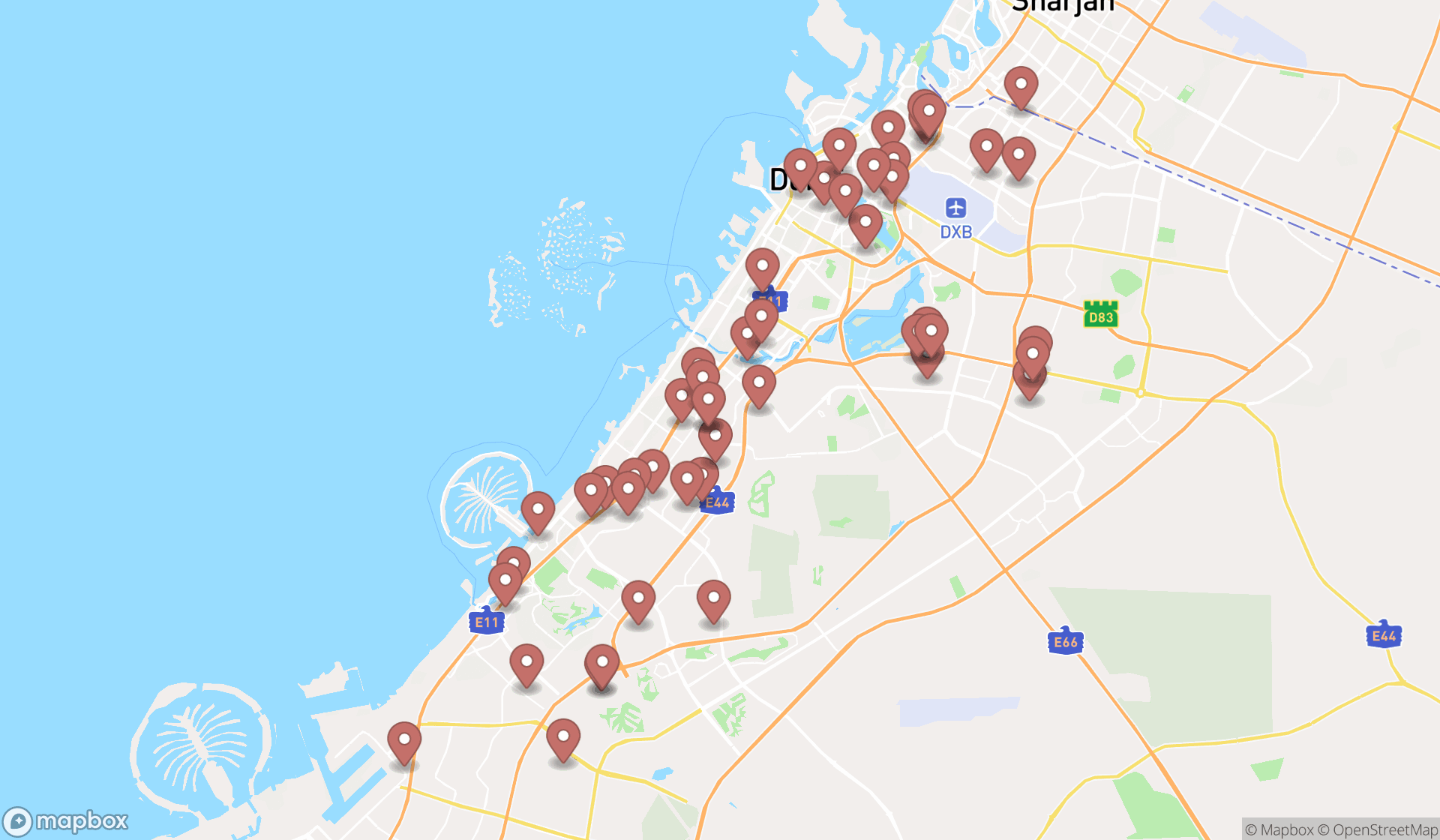 Map showing the search results in Dubai