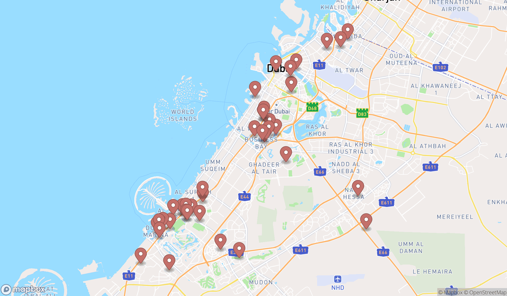 Map showing the search results in Dubai