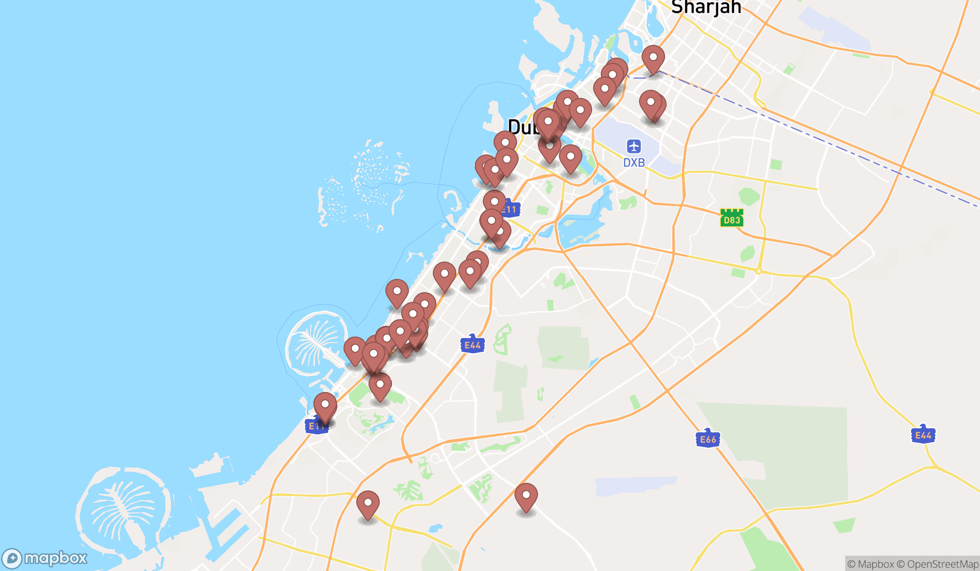 Map showing the search results in Dubai