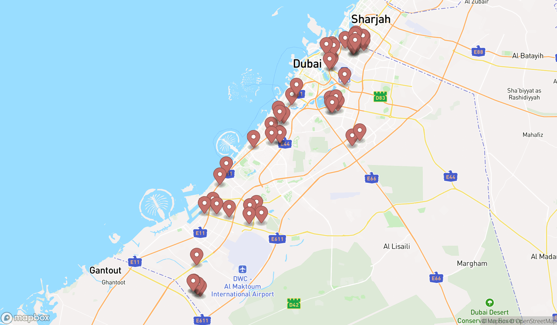 Map showing the search results in Dubai