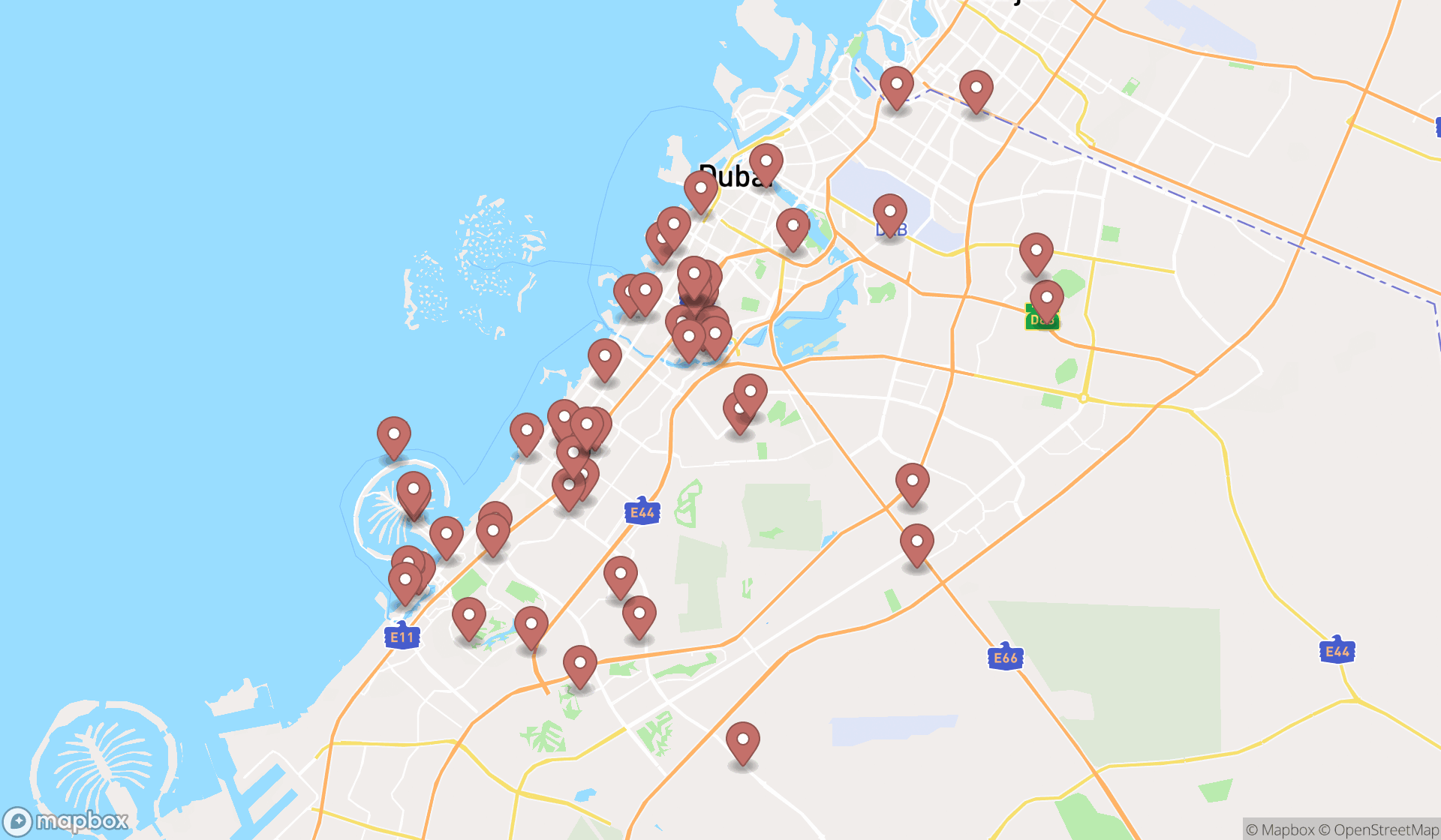 Map showing the search results in Dubai