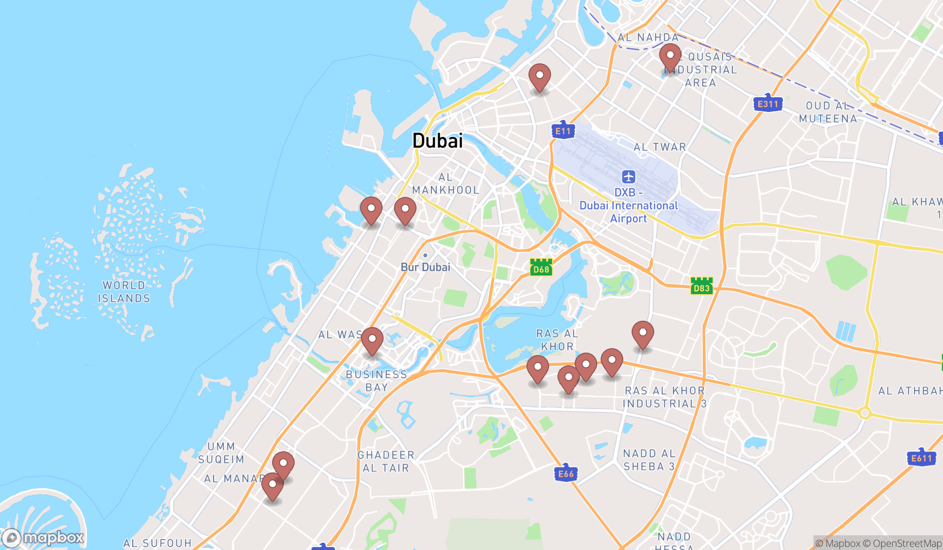 Map showing the search results in Dubai