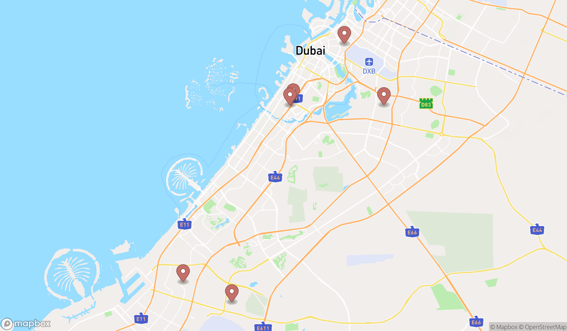 Map showing the search results in Dubai