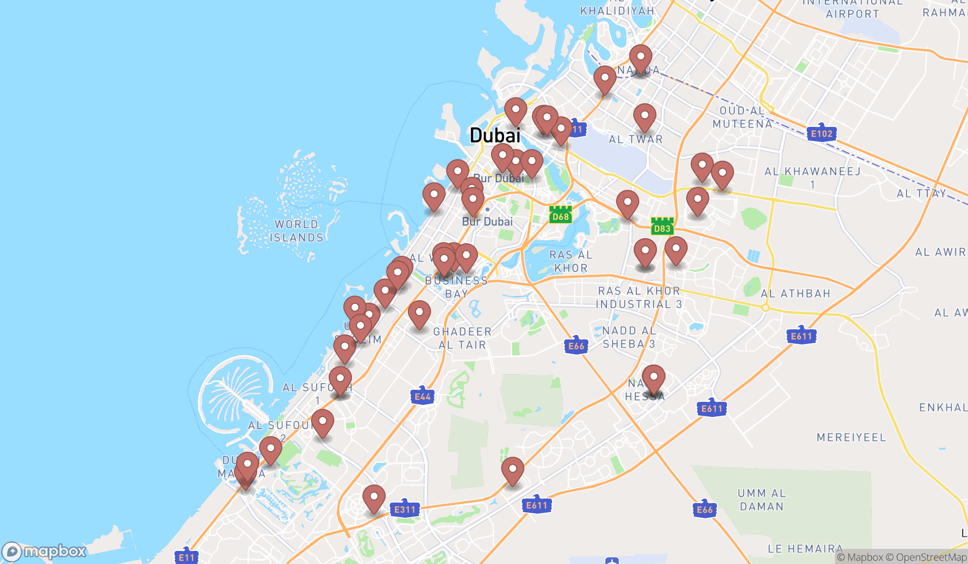 Map showing the search results in Dubai