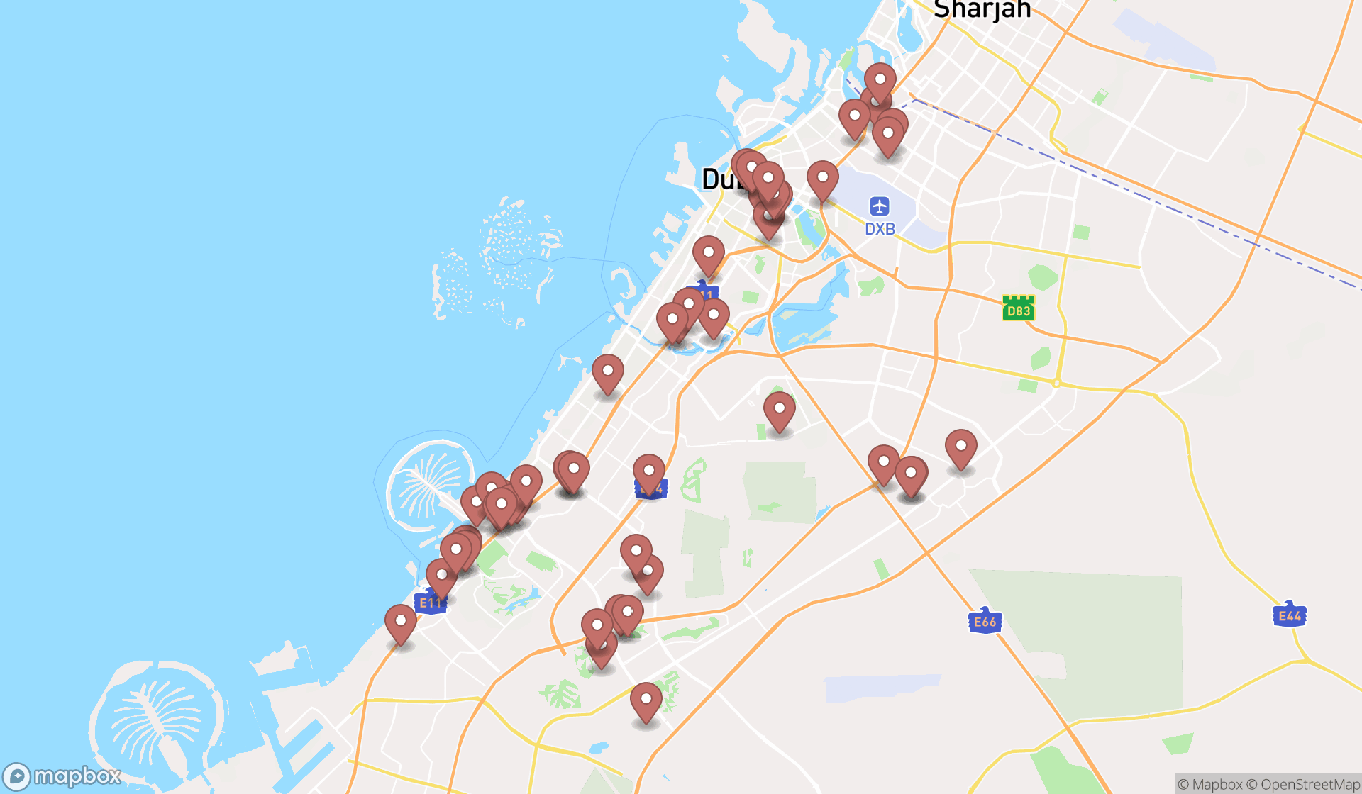 Map showing the search results in Dubai