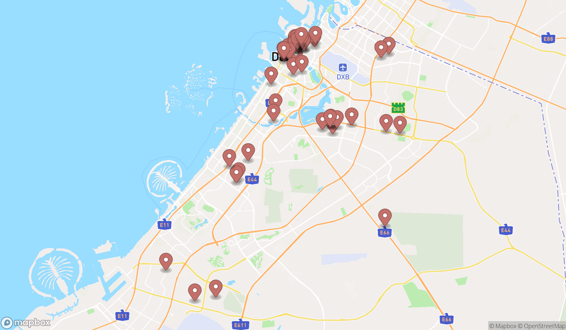 Map showing the search results in Dubai
