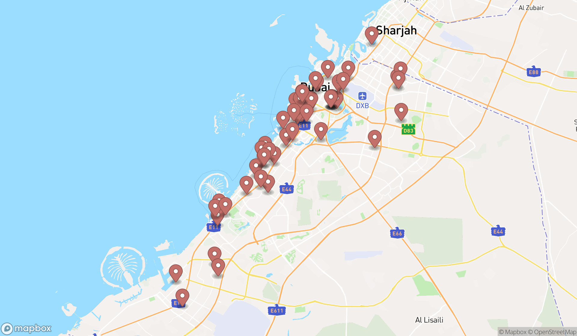 Map showing the search results in Dubai