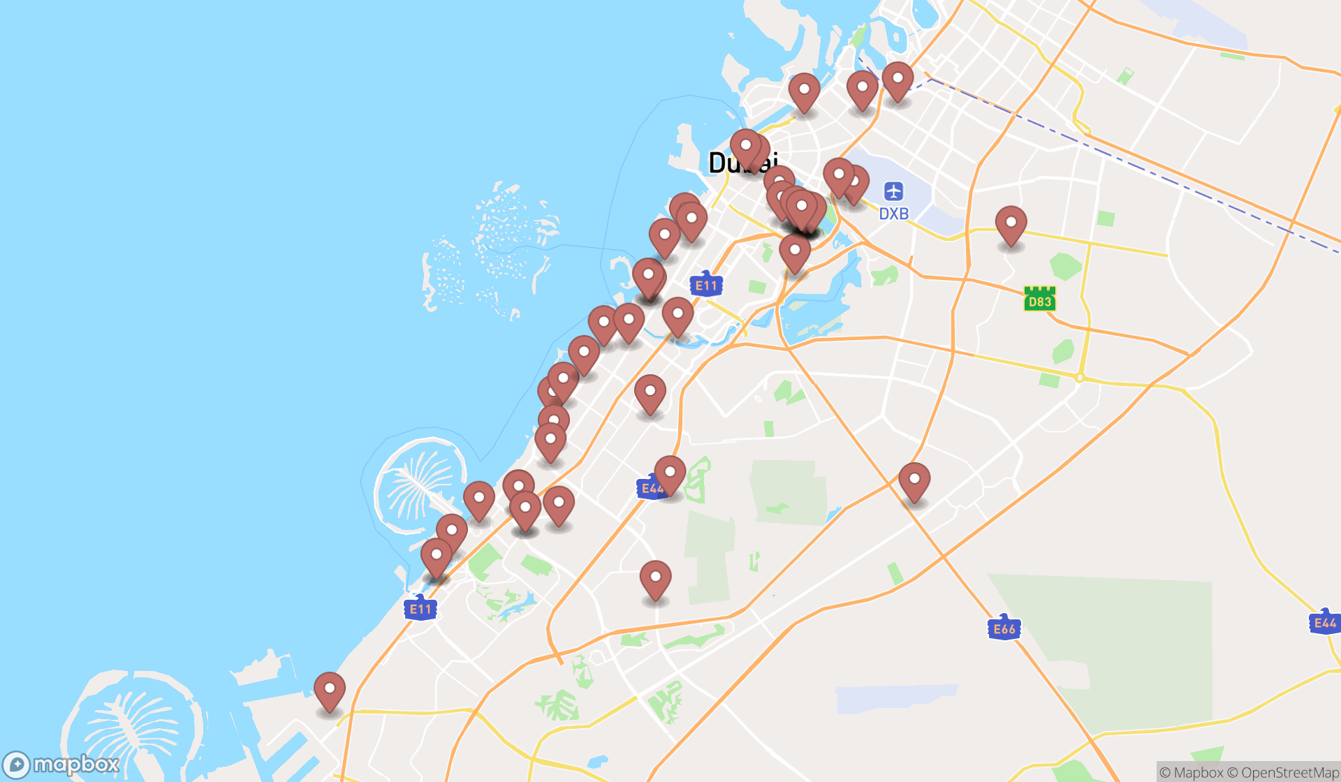 Map showing the search results in Dubai