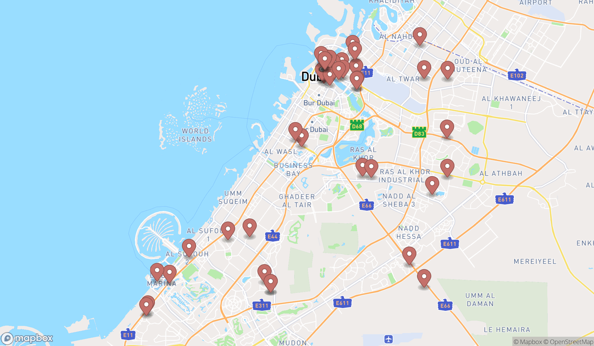 Map showing the search results in Dubai