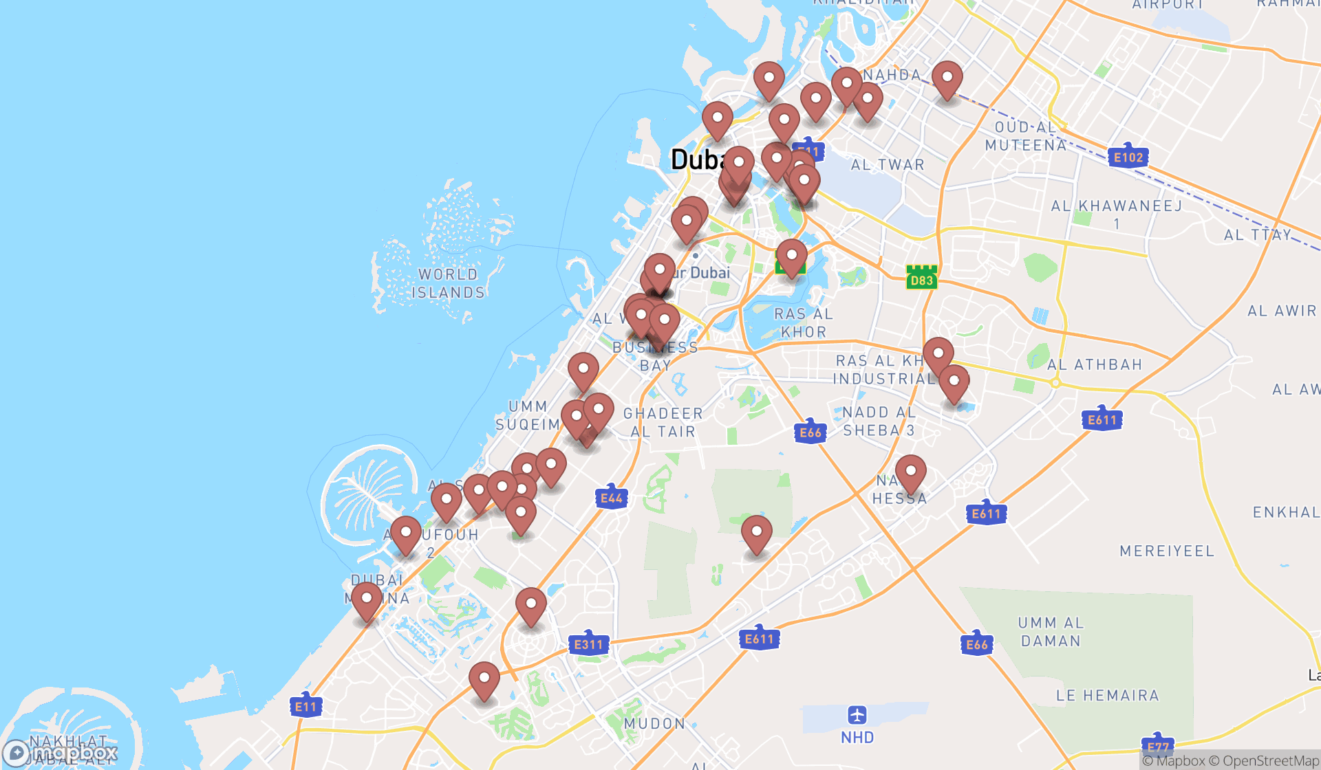 Map showing the search results in Dubai