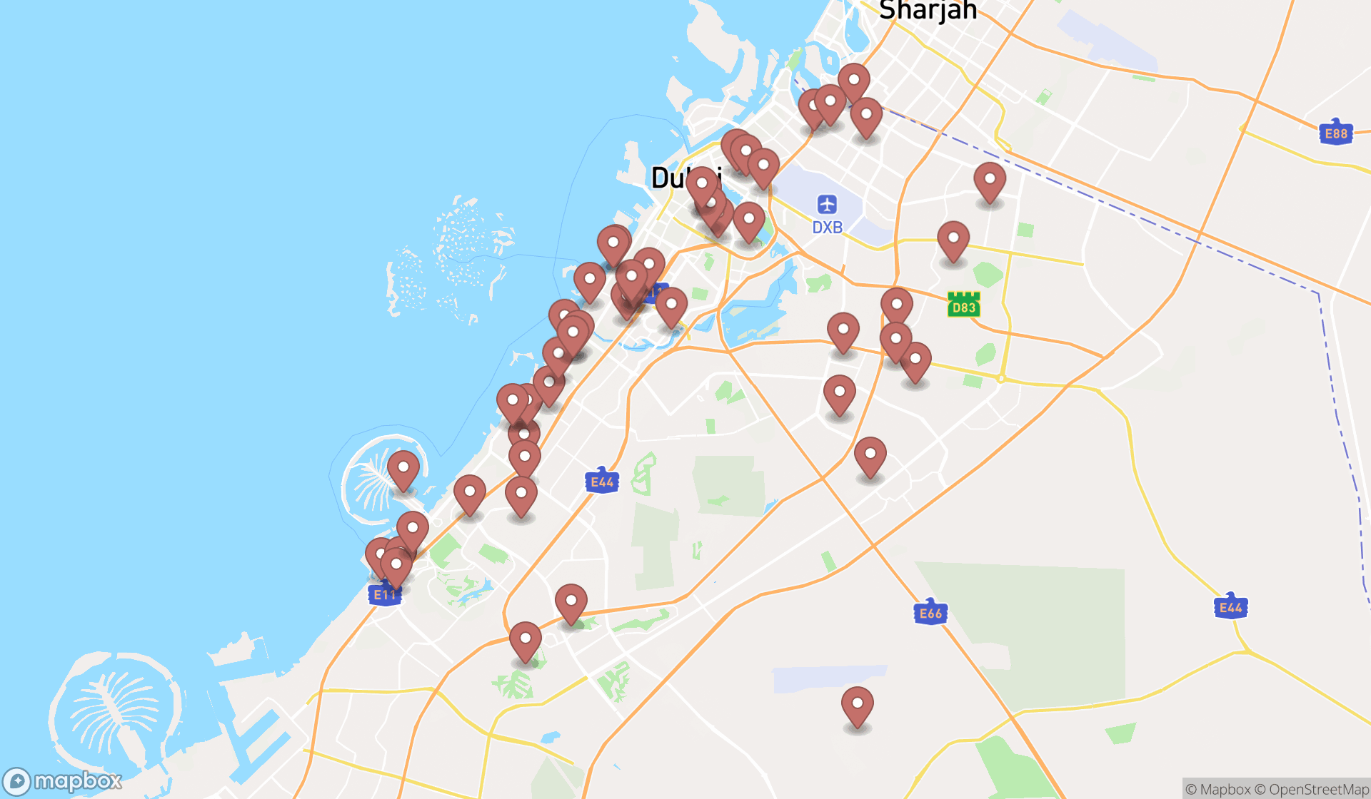 Map showing the search results in Dubai
