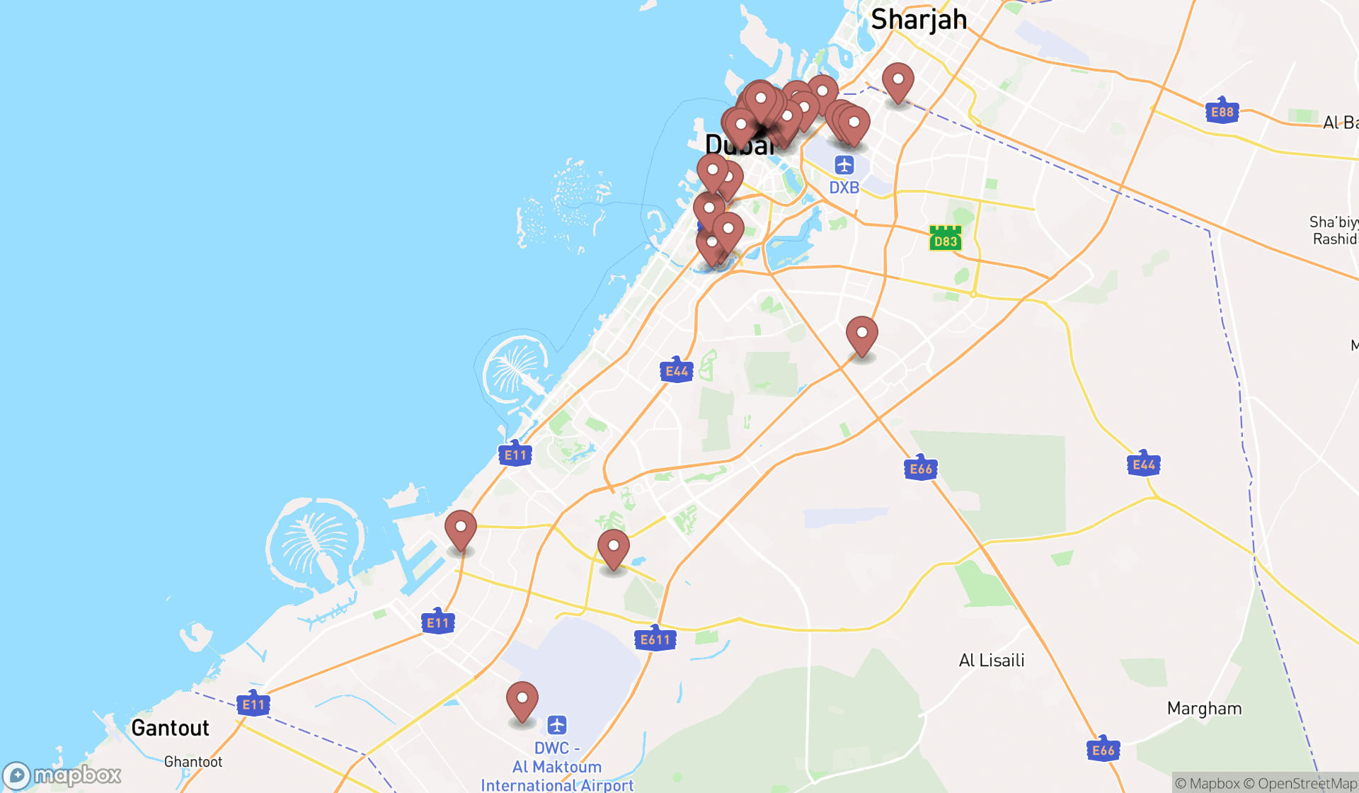 Map showing the search results in Dubai