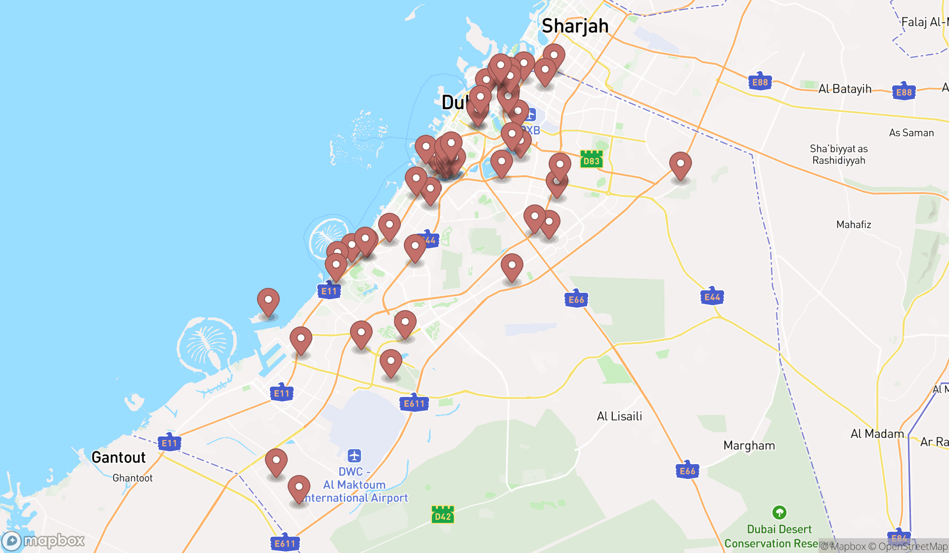 Map showing the search results in Dubai