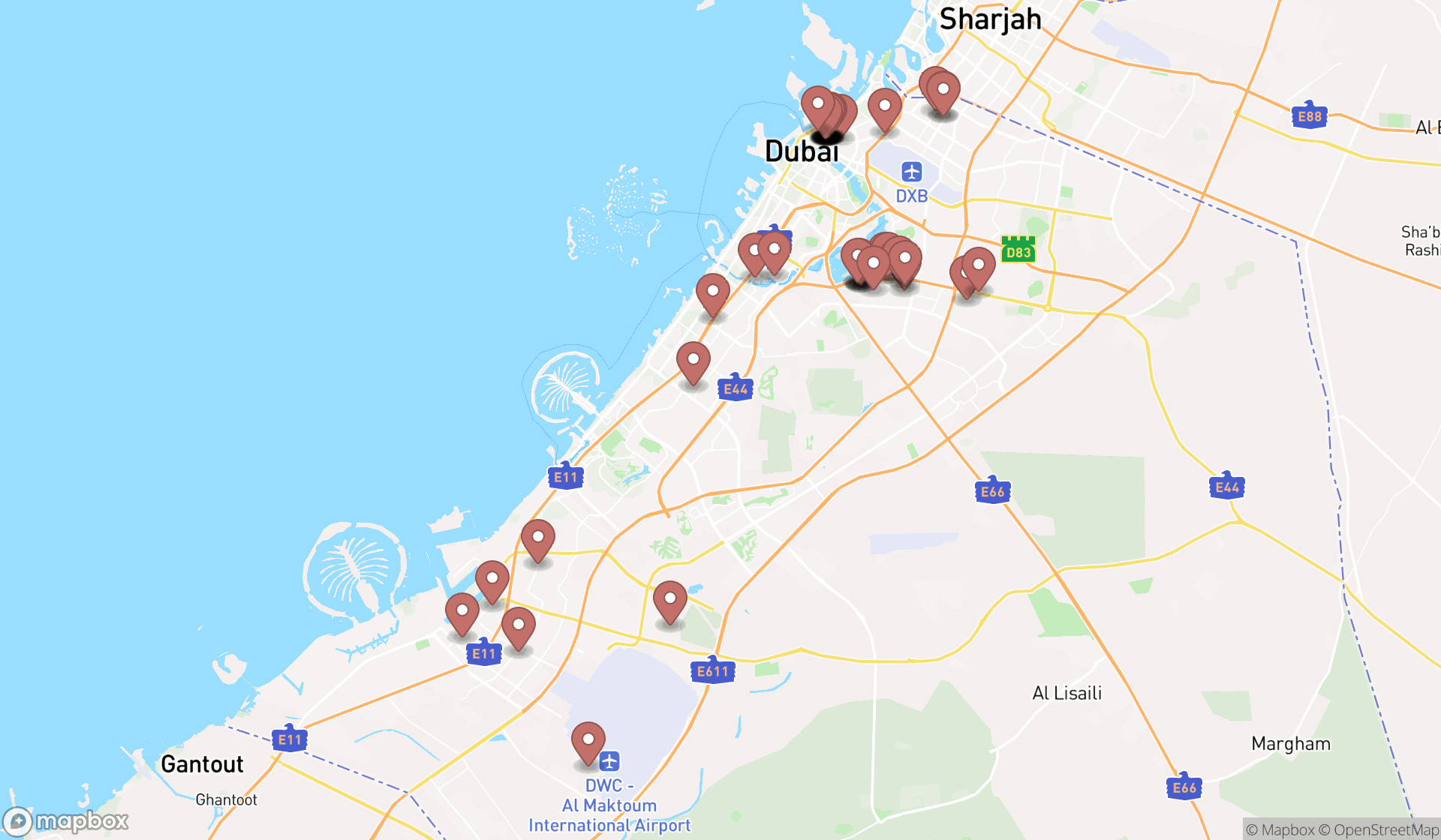 Map showing the search results in Dubai