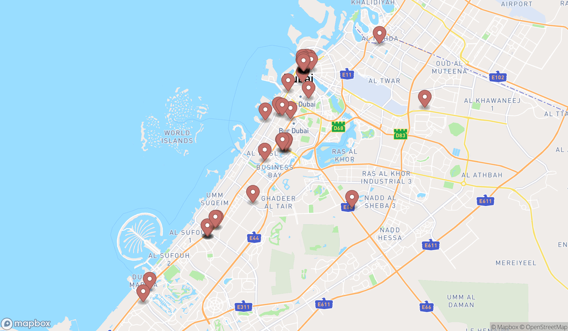 Map showing the search results in Dubai