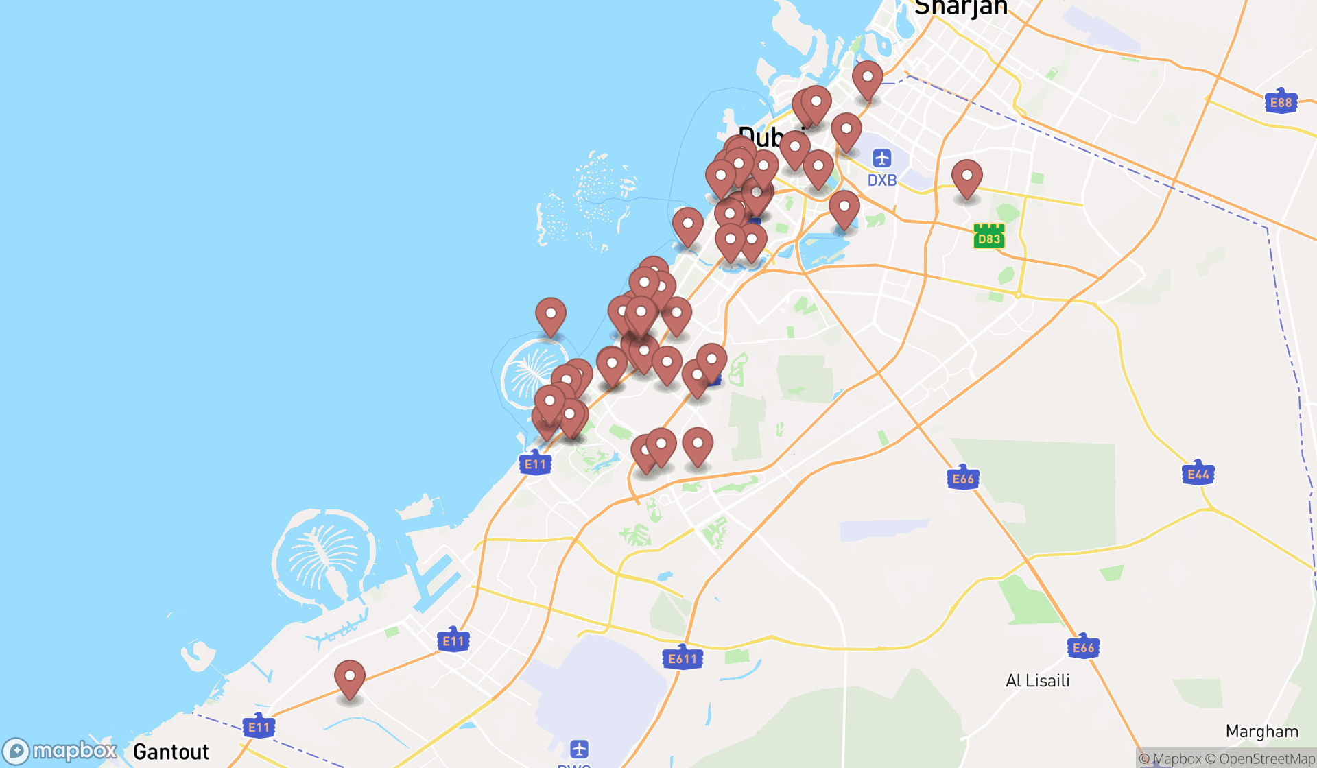Map showing the search results in Dubai