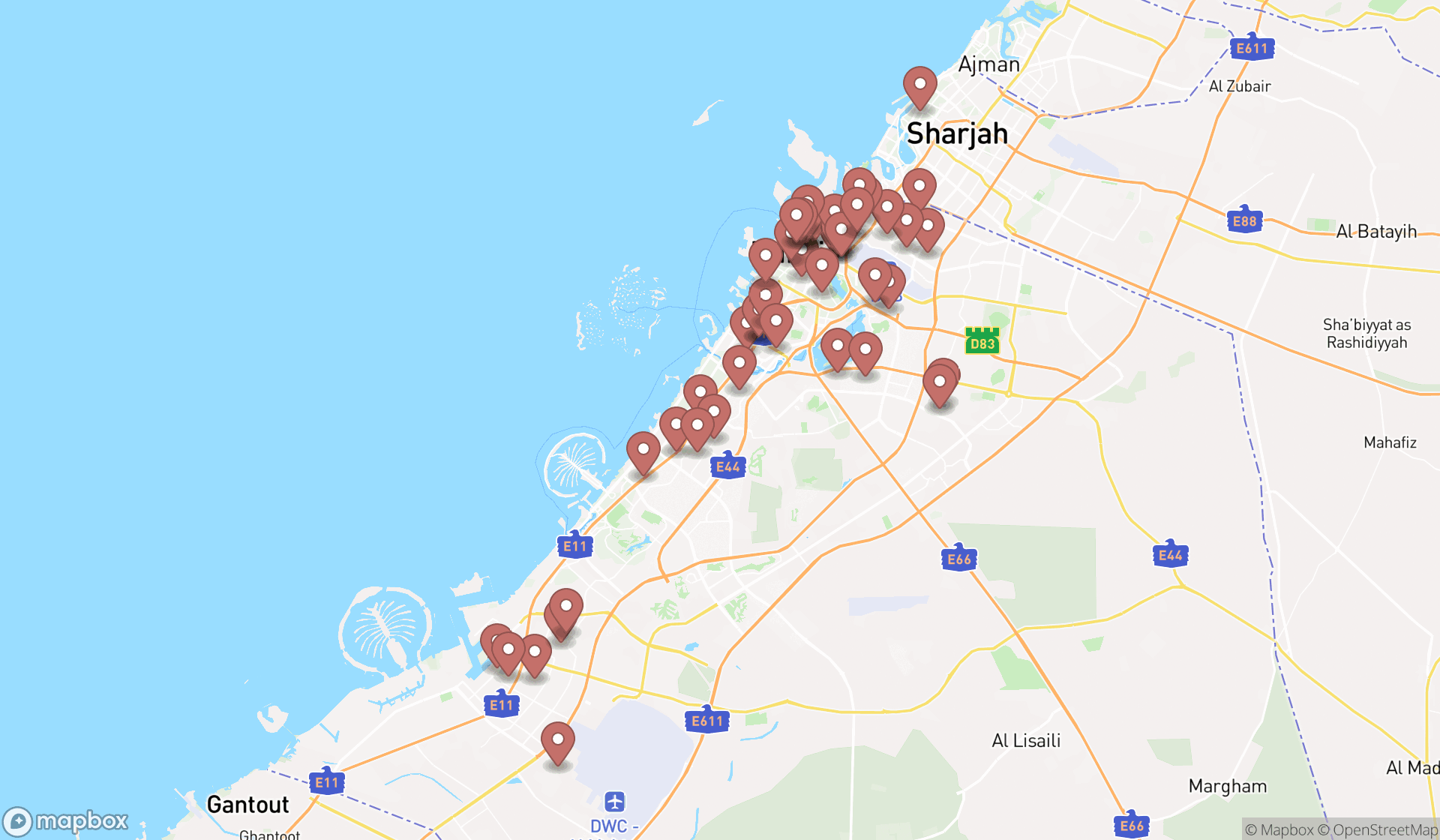 Map showing the search results in Dubai