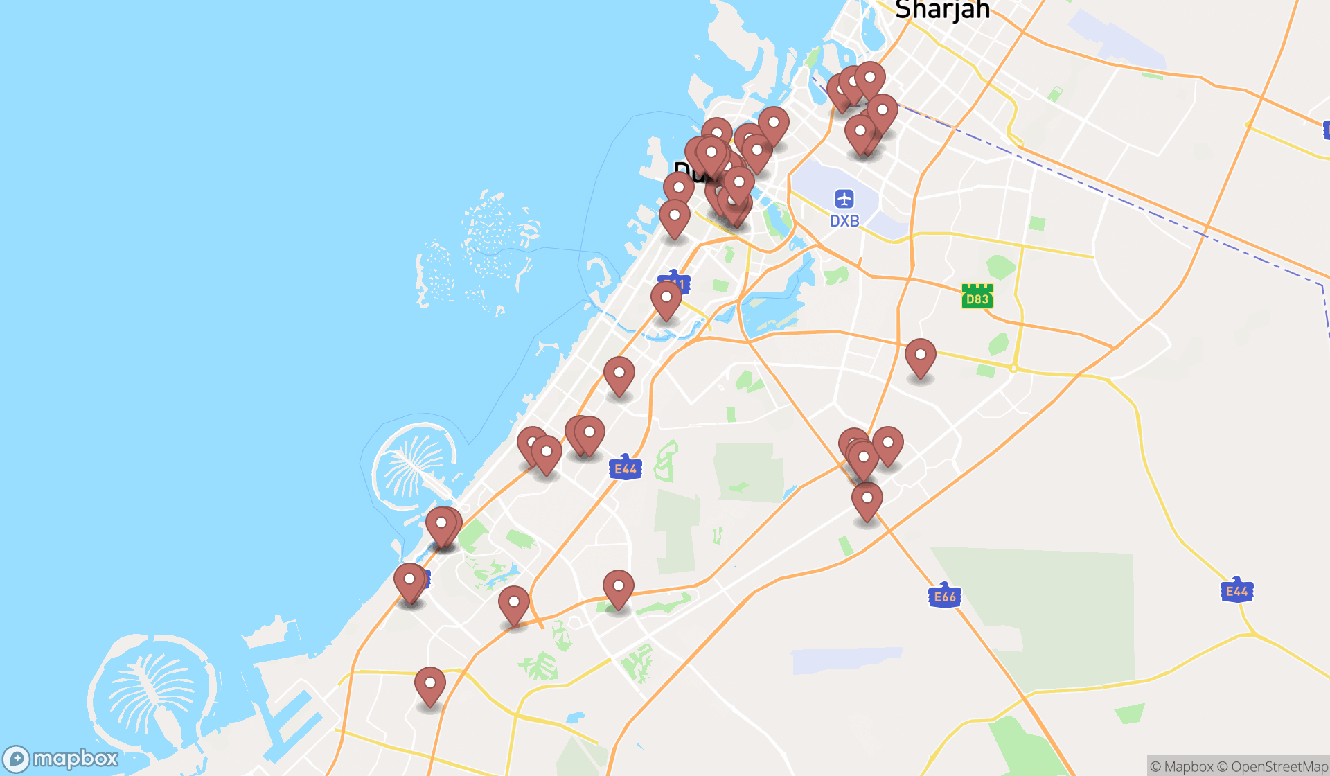 Map showing the search results in Dubai