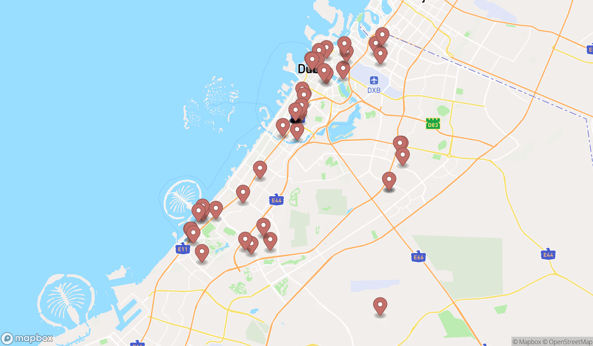 Map showing the search results in Dubai