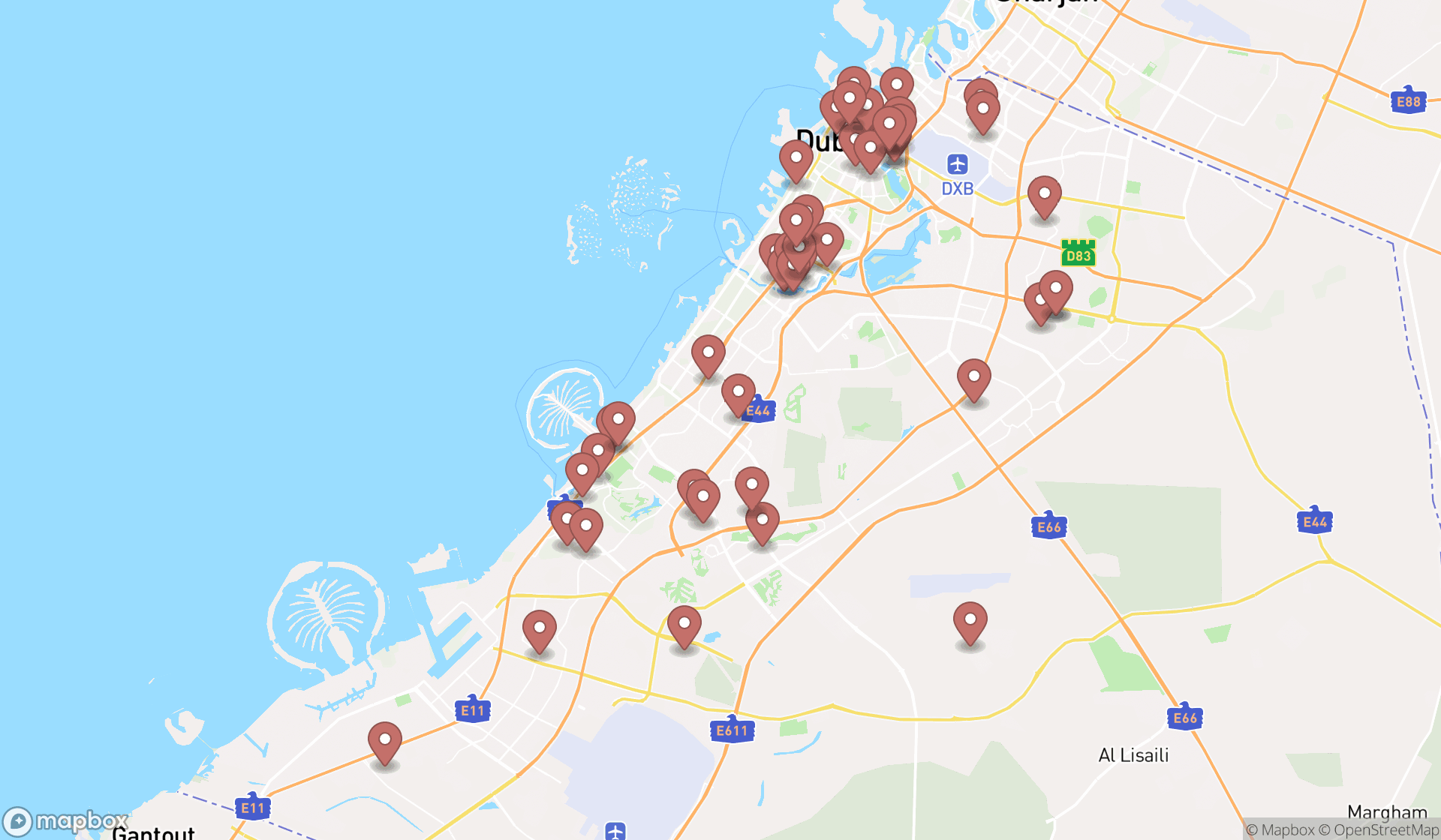 Map showing the search results in Dubai