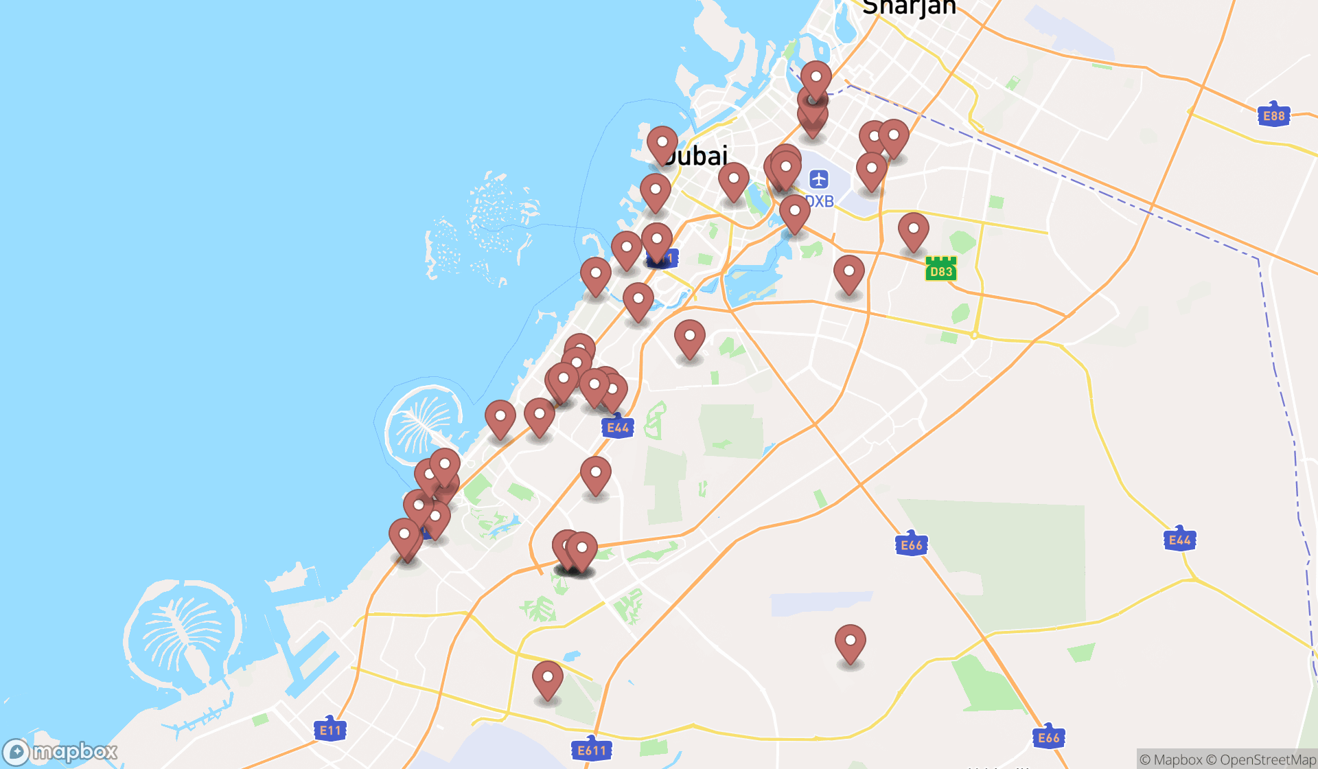Map showing the search results in Dubai