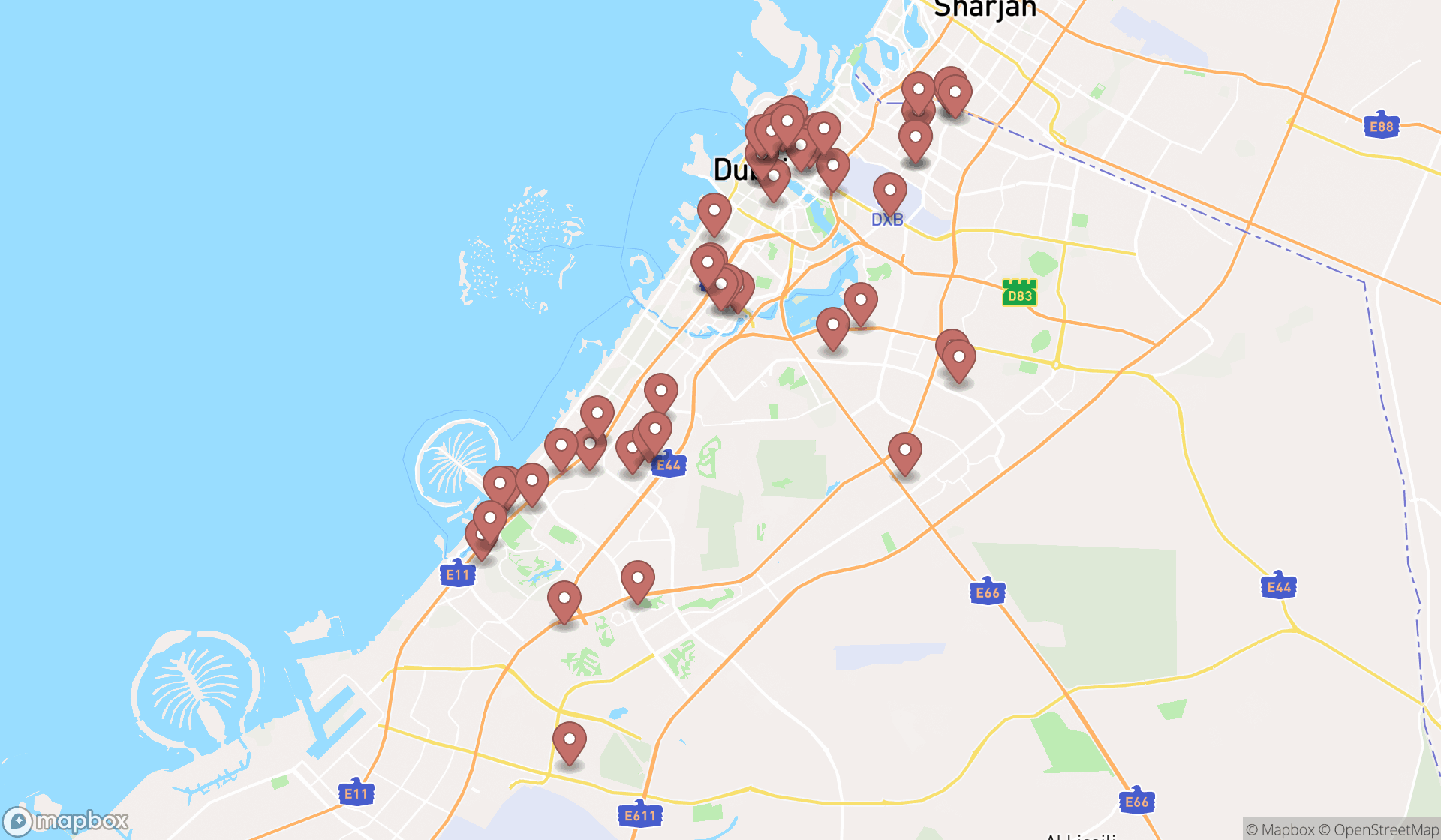 Map showing the search results in Dubai