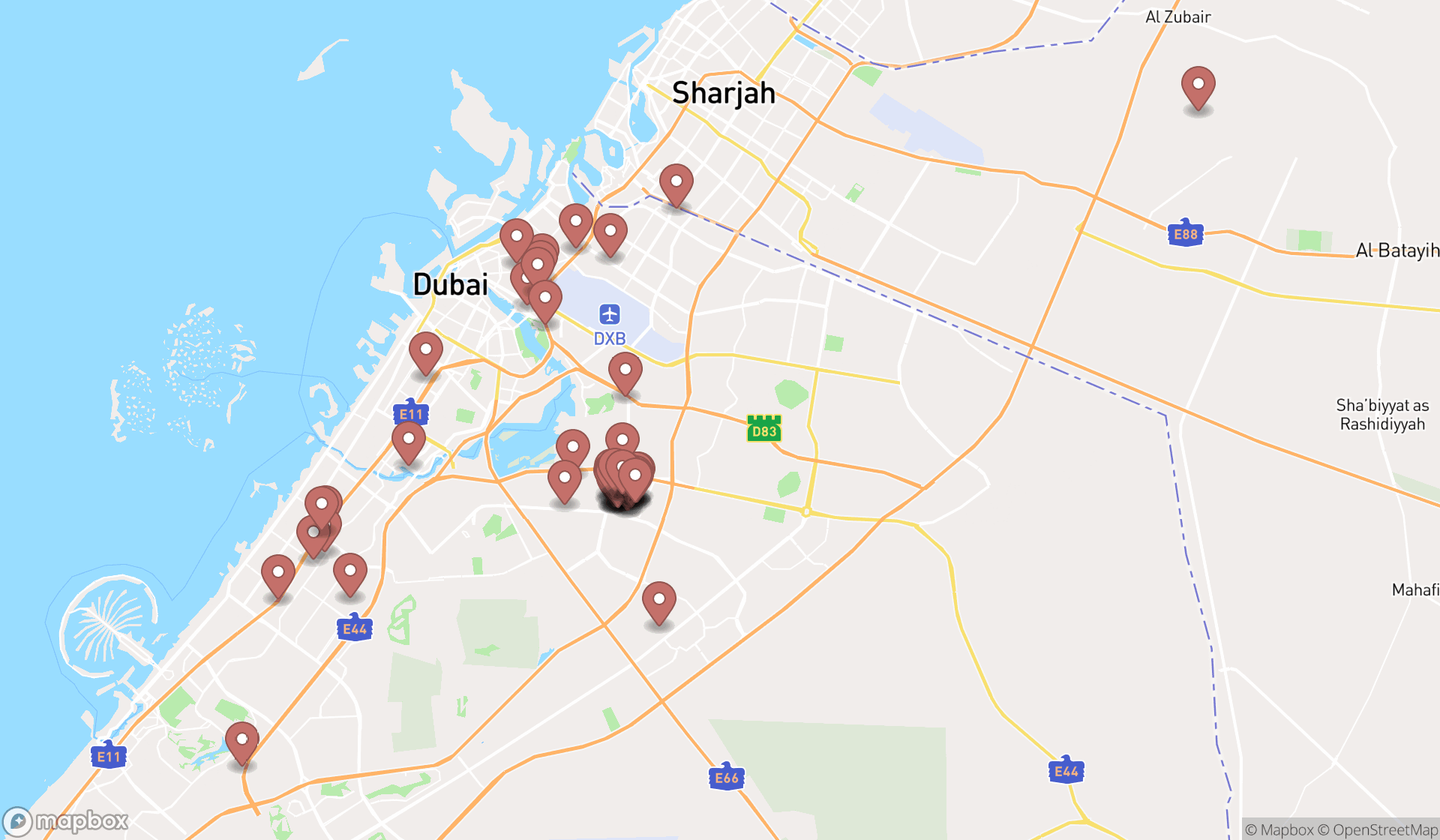 Map showing the search results in Dubai