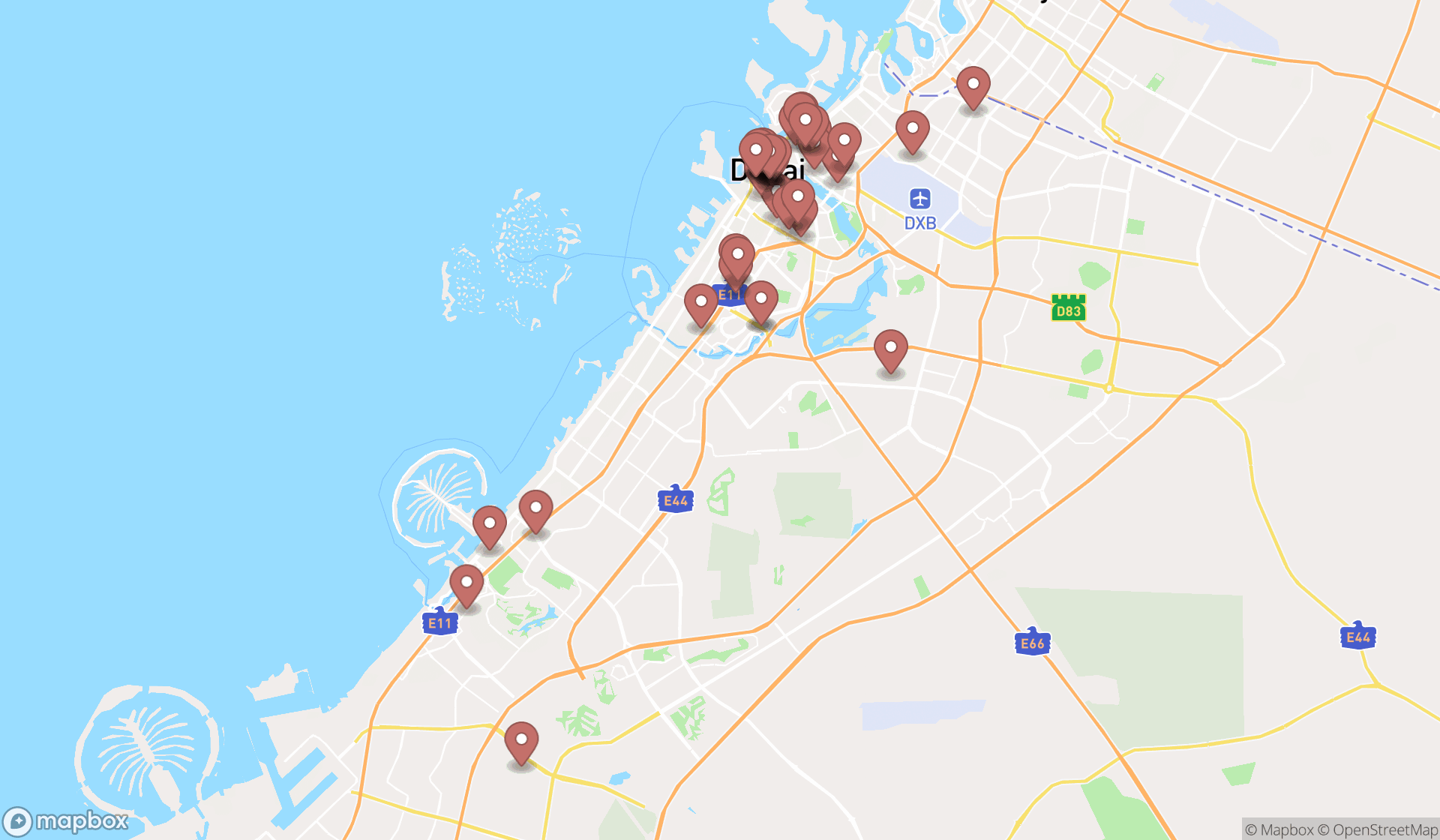 Map showing the search results in Dubai