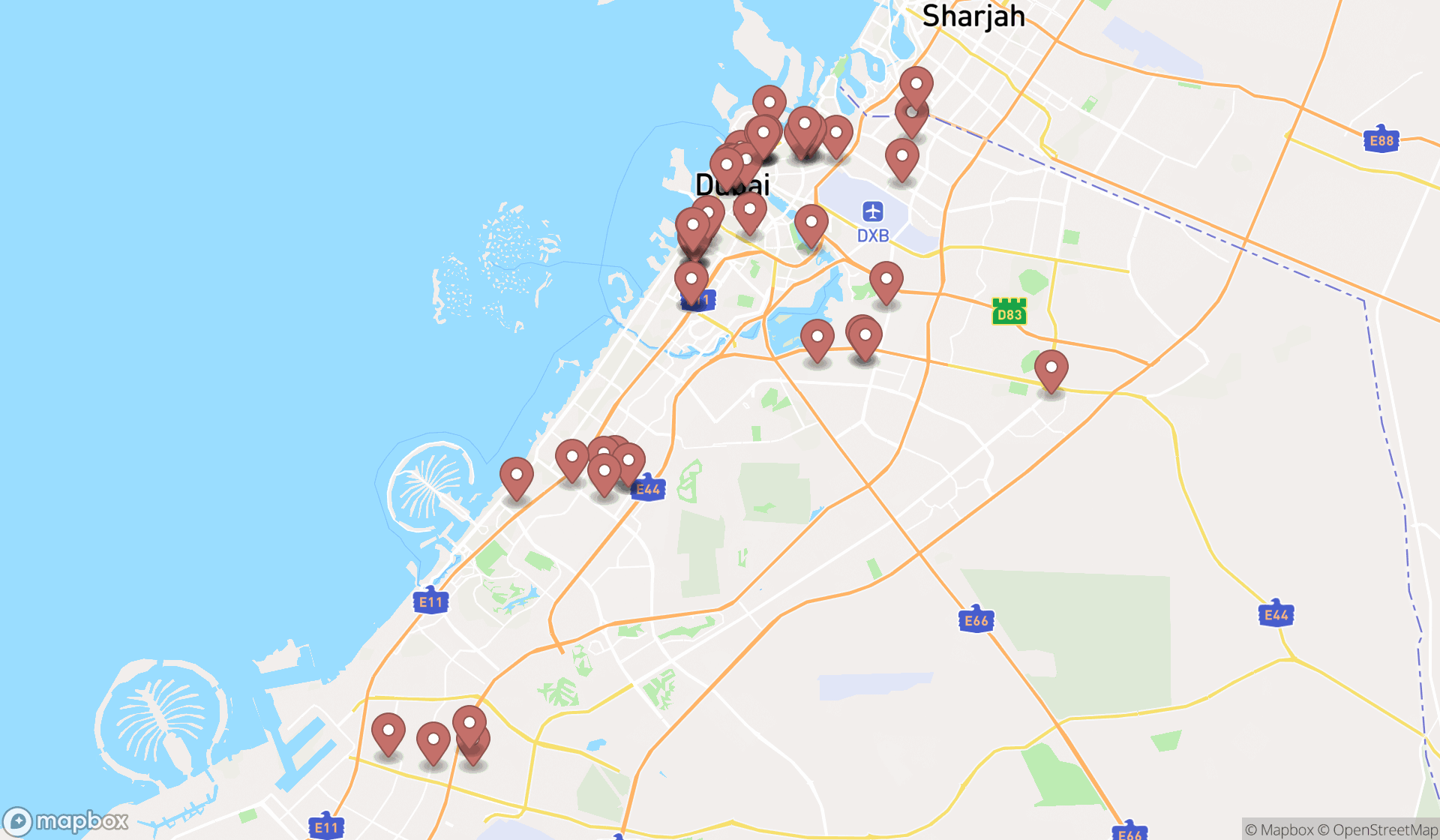 Map showing the search results in Dubai