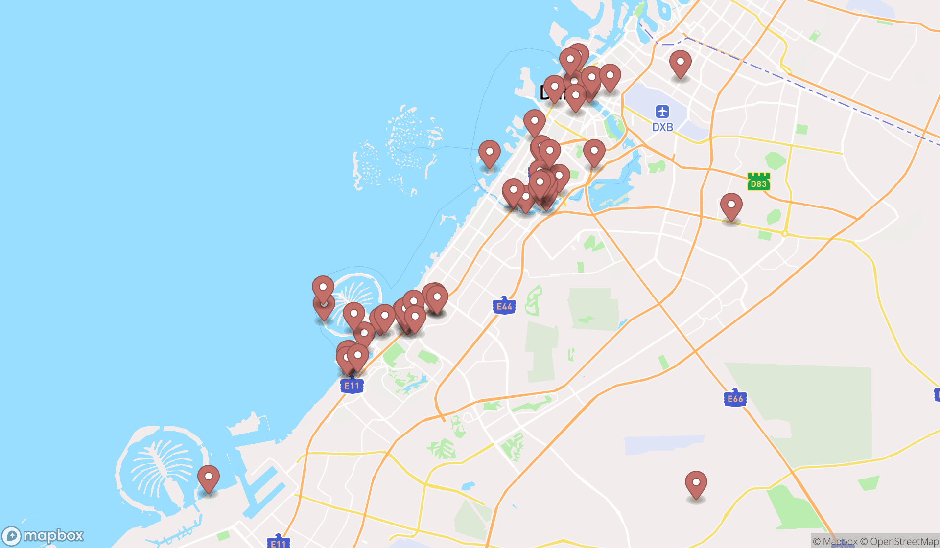 Map showing the search results in Dubai